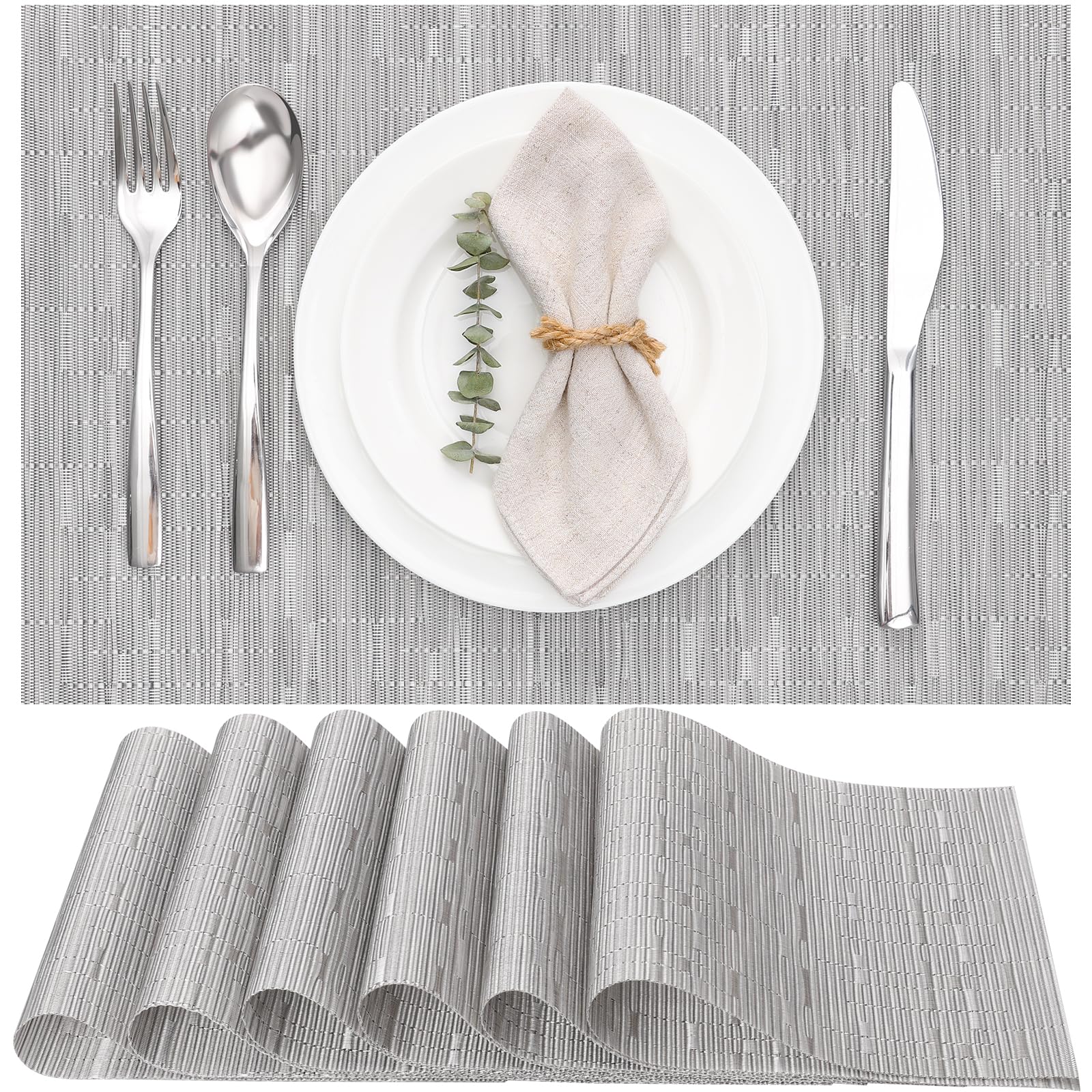 Myir JUN Table Mats Set of 6, Place Mats Table Placemats Washable Non-slip Heat Insulation Woven Vinyl for Kitchen Dinning Restaurant 17"X12" (Silver Gray)