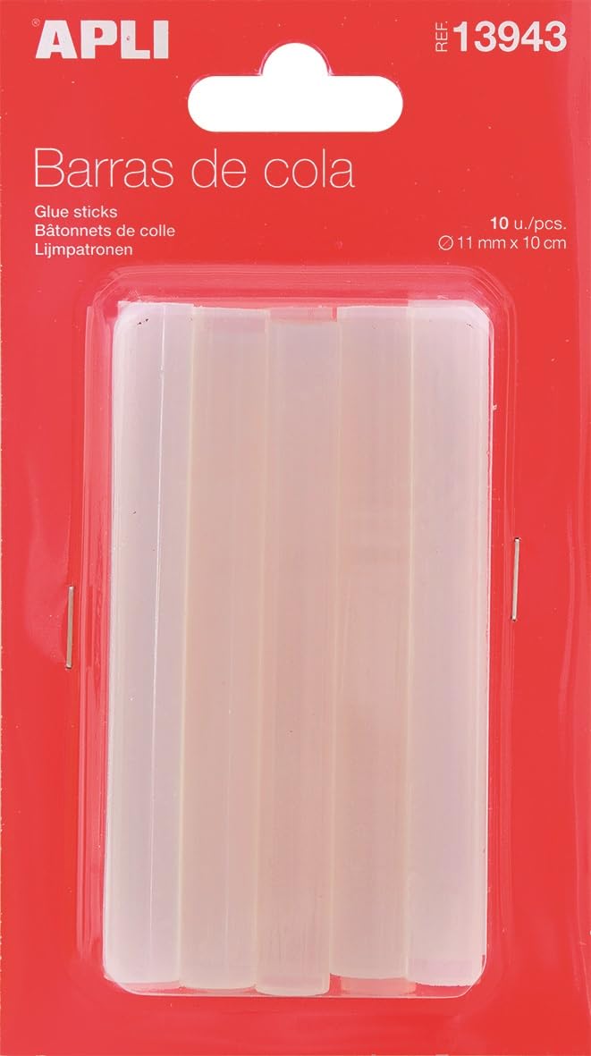 APLI 13943- Recambio barras de cola termofusible diámetro 11 mm x 10 cm 10 barras, color transparente