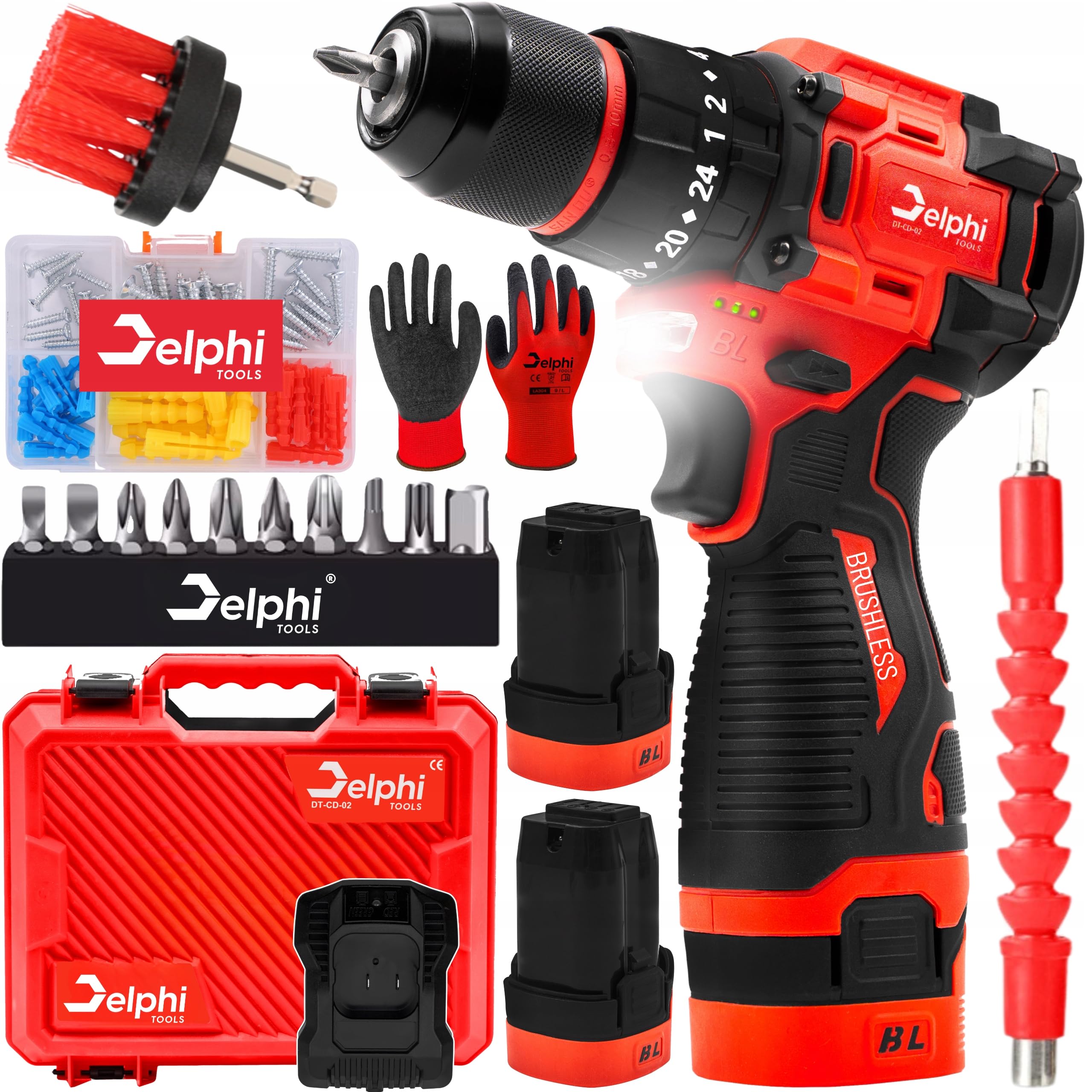 Delphi destornillador eléctrico inalámbrico de 16,8 V sin escobillas, con 2 baterías de 1500 mAh, luz LED, 50 Nm, 24 niveles de torsión, juego de puntas, para madera, metal y hormigón