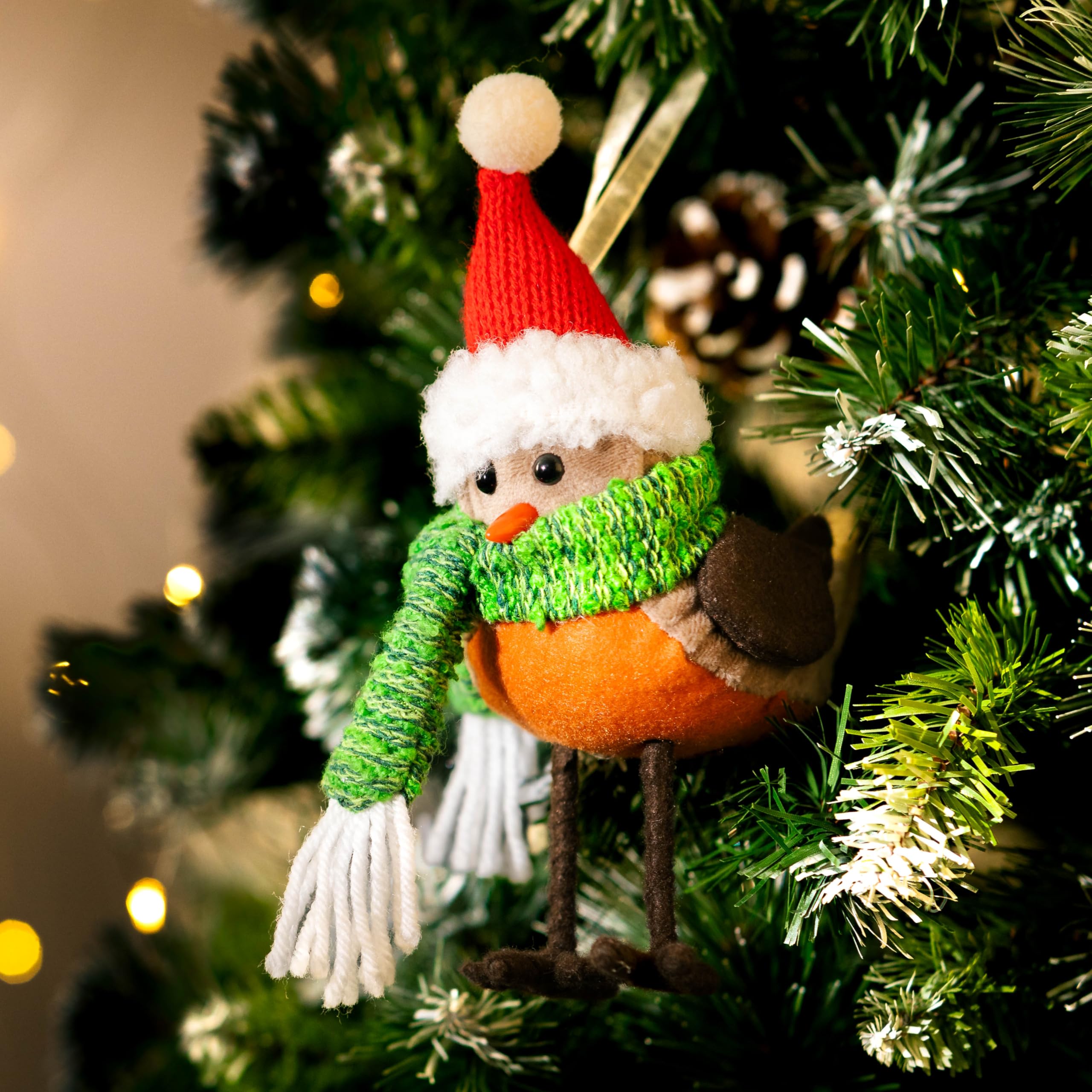 Marco Paul Plush Robin Christmas Pendant -18cm Durable Novelty Xmas Ornament with Santa Hat - Hanging Festive Felt Bird For Red Christmas Tree Decorations, Brown Baubles & Home Decor — image 1