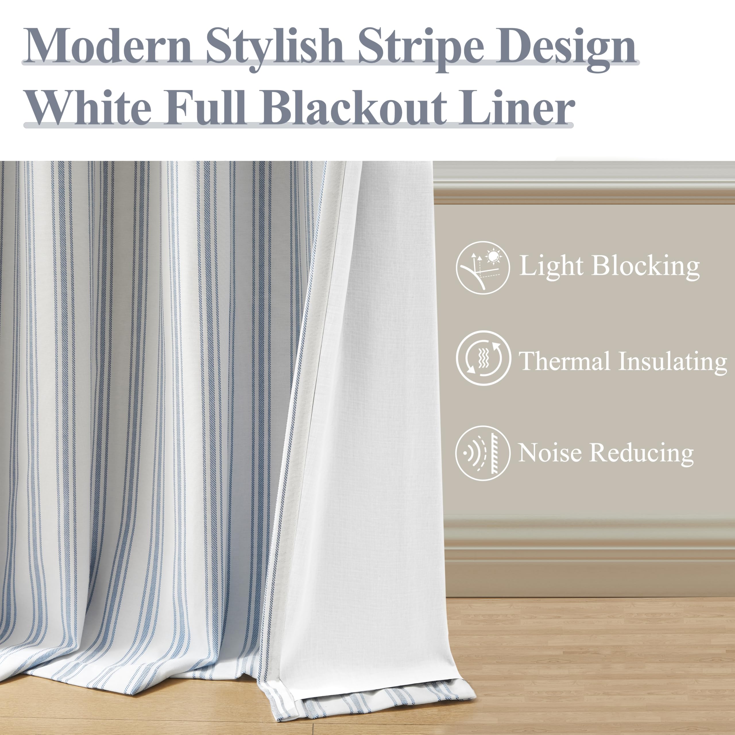 ZJDECOR Blue Striped Blackout Curtains 84 Inches Length,Ticking Stripe on White Cotton Blended Light Filtering Fabric with White Liner,Modern Bedroom Window Treatment,Back Tab Rod Pocket,55" Wx84 Lx2 - Image 3
