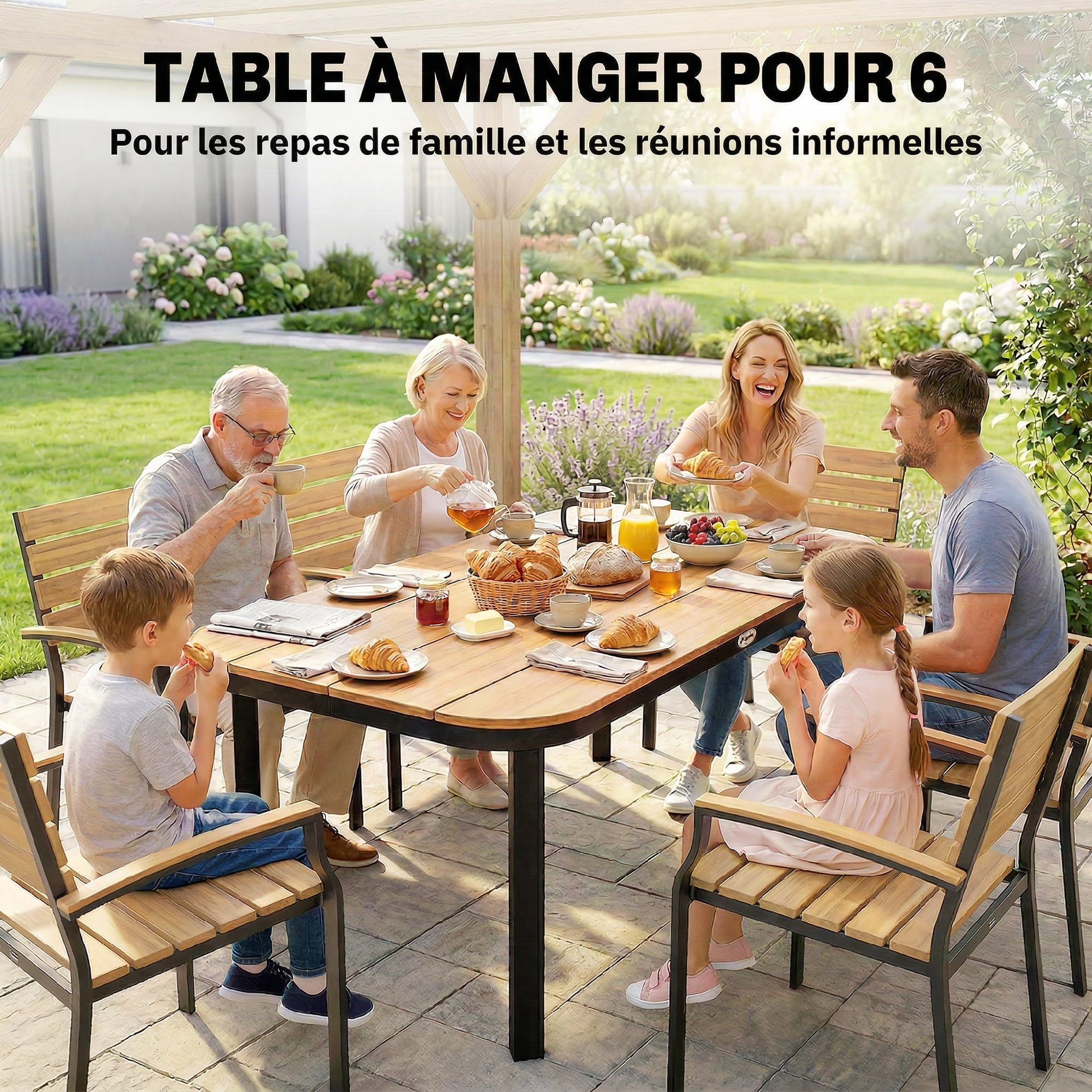 Outsunny Table de Jardin Rectangulaire pour 4-6 Personnes, Plateau en WPC à Lattes, Bords Arrondis, Structure en Métal, Table à Manger de Jardin pour Balcon Terrasse, 155x88x72cm, Naturel