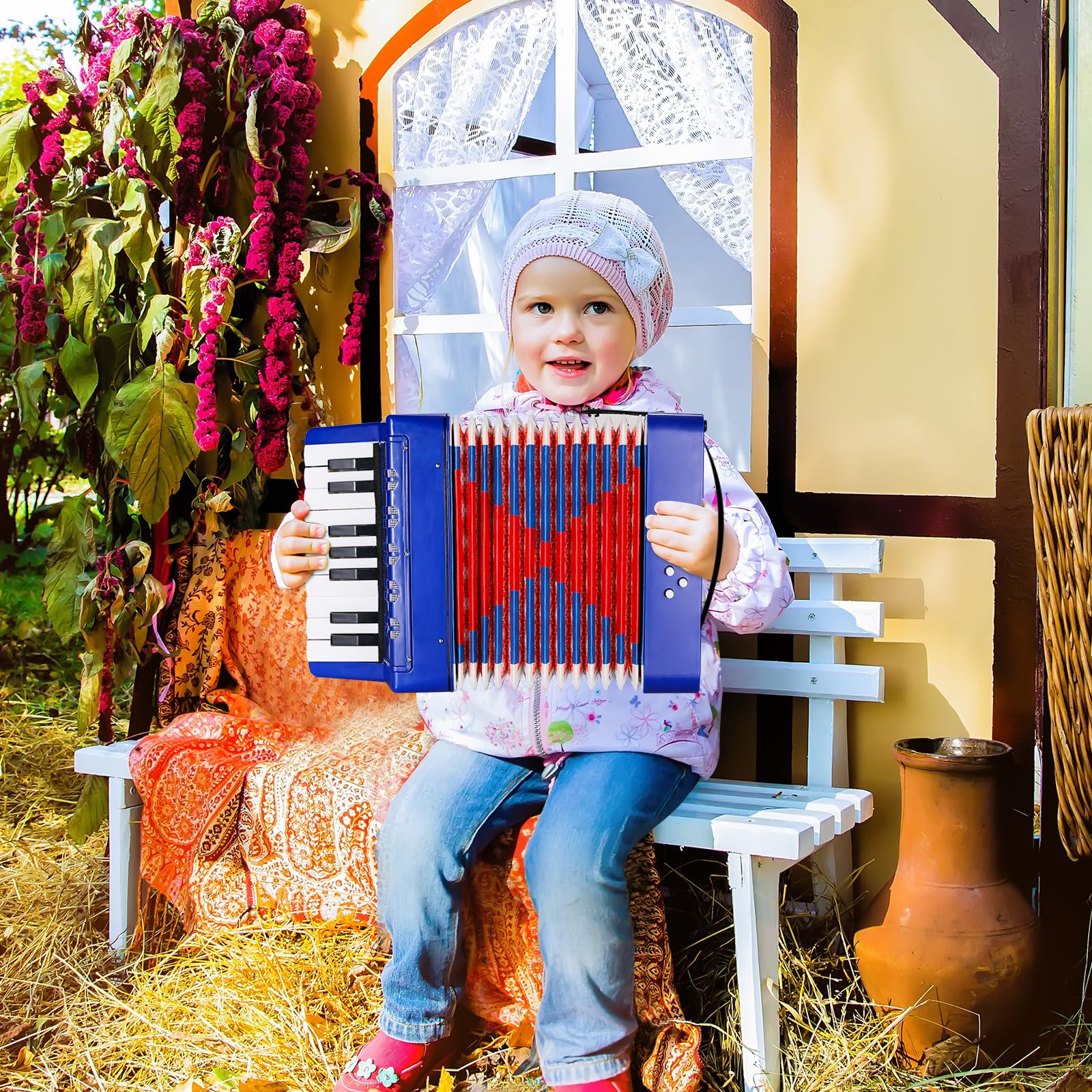 Akordeon dla dzieci, akordeon fortepianowy, 17 przycisków, 8 basów, instrument muzyczny akordeon z regulowanym paskiem do noszenia, akordeon dla dorosłych i dzieci od 3 lat, harmonijka, prezent dla