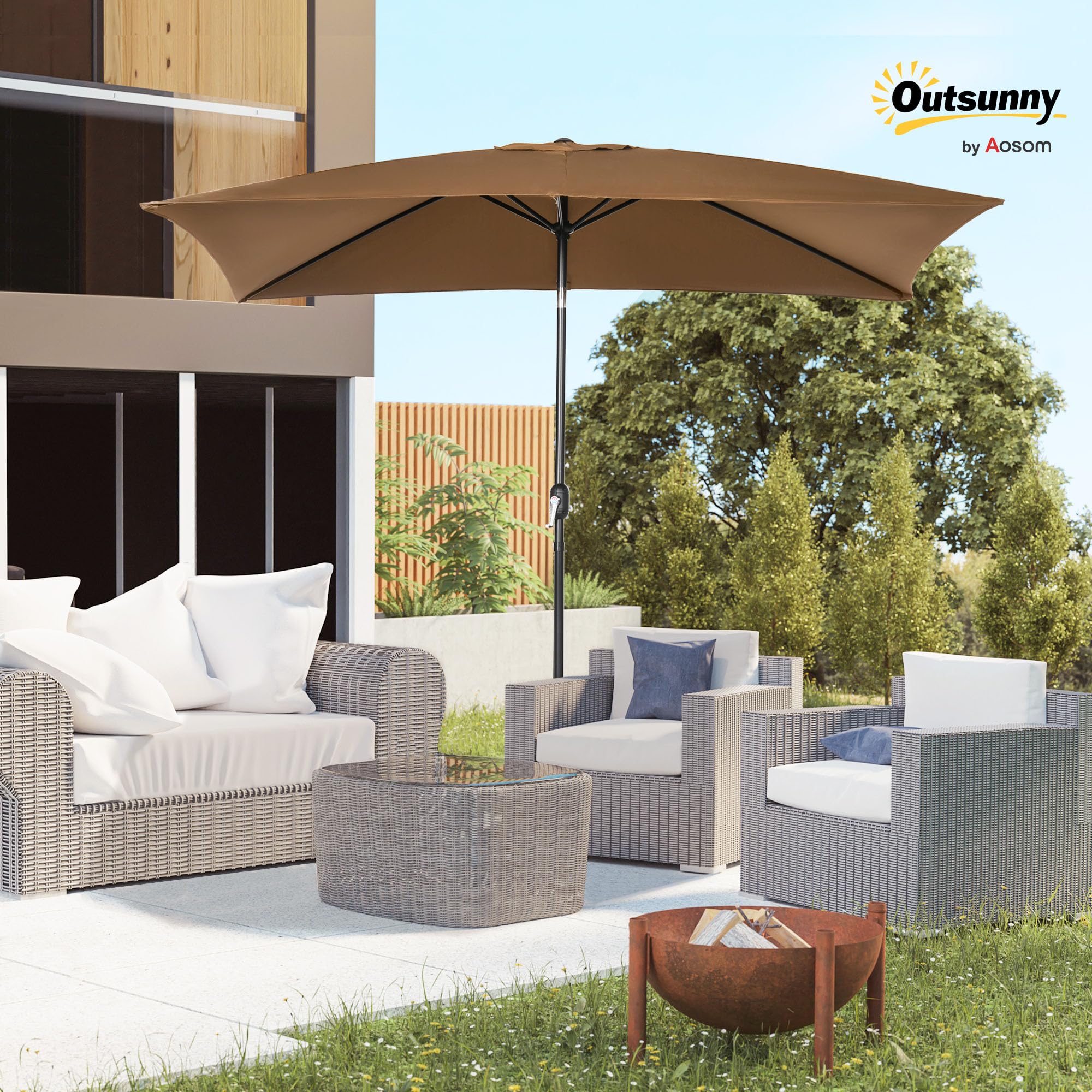 Outsunny Ombrellone da Giardino 2x3 m Inclinabile con Manovella, Ombrellone da Esterno con 6 Stecche in Alluminio e Poliestere, per Cortile, Terrazza e Balcone, Protezione UV