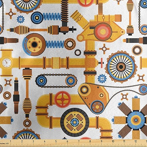 Ambesonne Tela Steampunk de The Yard, patrón de maquinaria con varios elementos técnicos e industriales en estilo plano, tela de satén decorativa