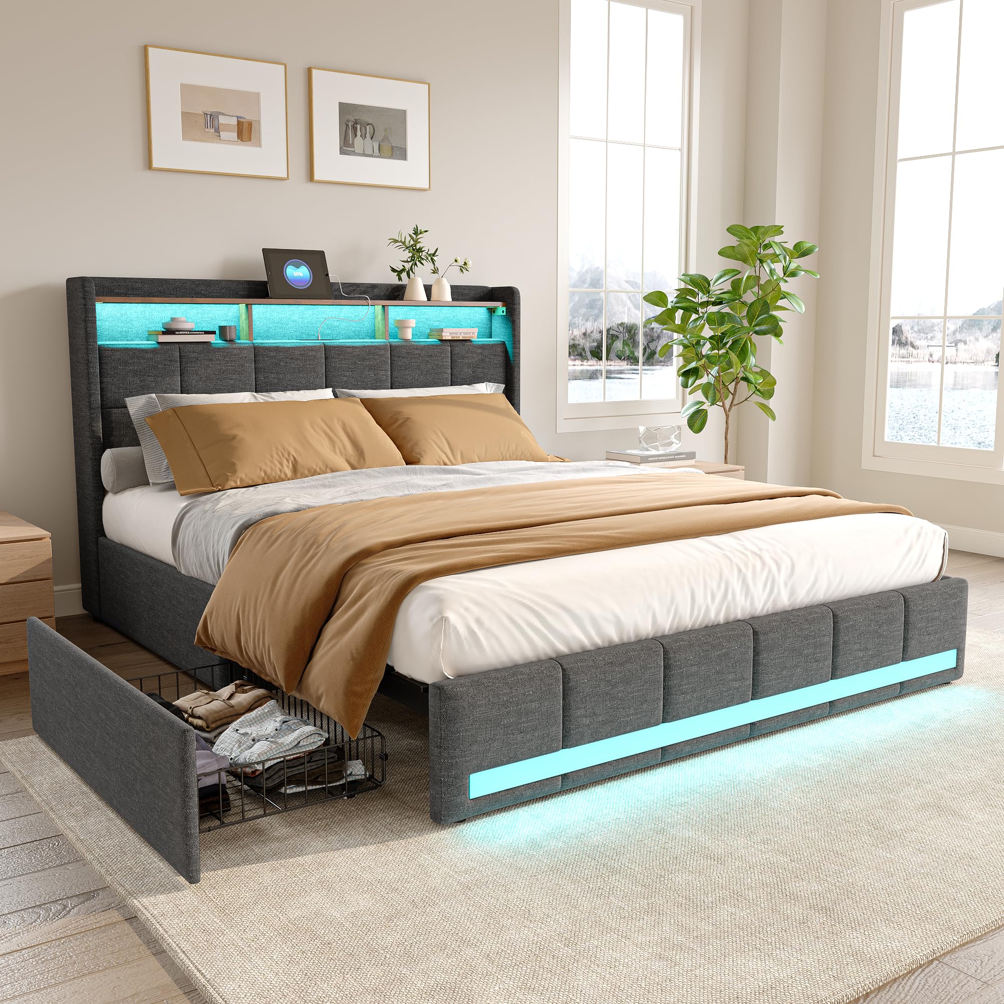 Letto 160 x 200 con rete LED e ricarica USB, letto matrimoniale imbottito 4 cassetti, testiera di stoccaggio in lino, letto grigio per adulti e adolescenti