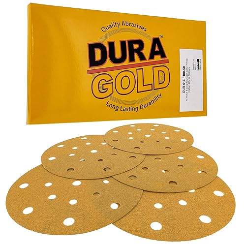 Dura-Gold Discos de lijado dorados de 6 pulgadas de alta calidad, grano 100 (caja de 50), papel de lija de gancho y bucle sin polvo con patrón de 17