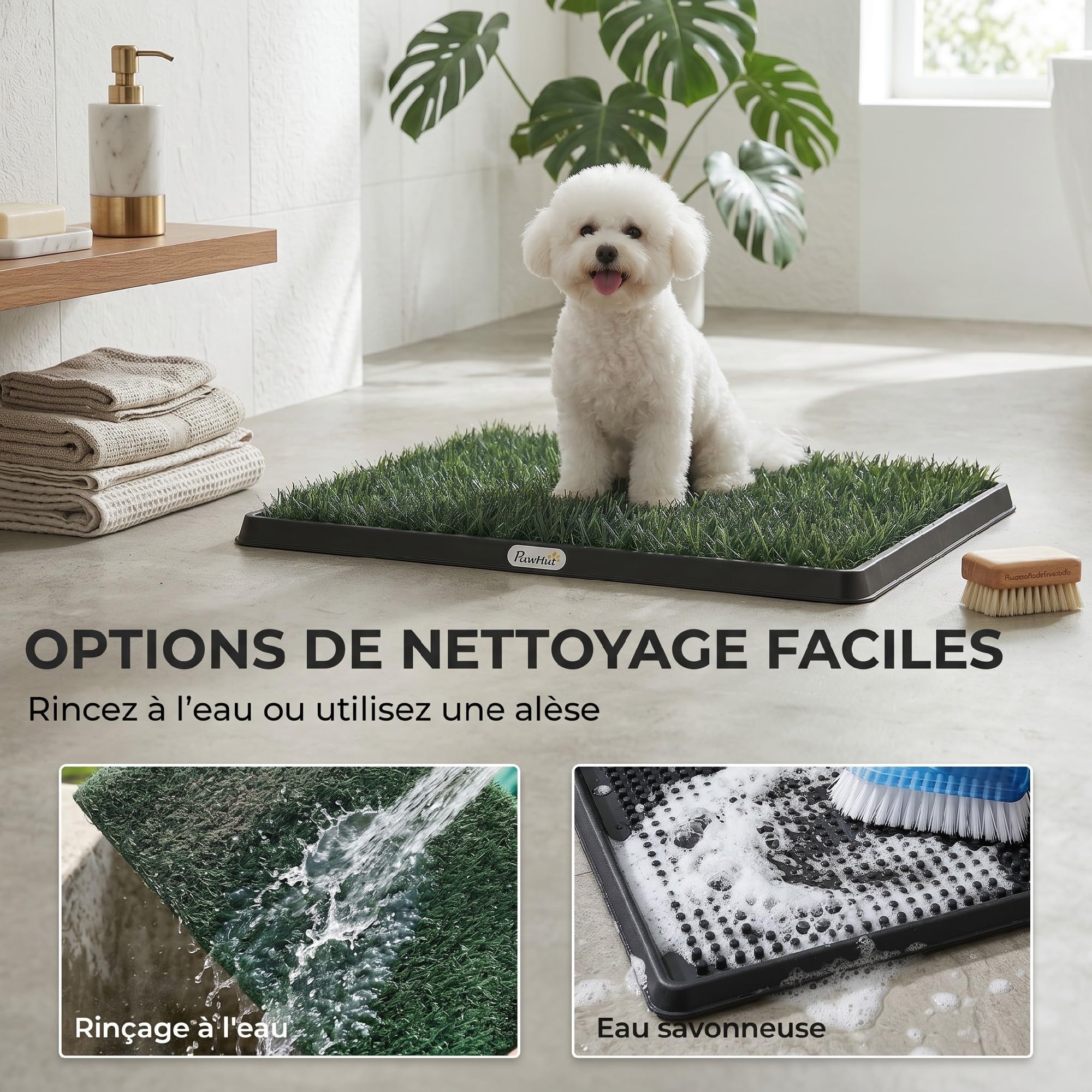 PawHut Toilette pour Chien avec Grille de Drainage, 2 Tapis en Gazon Artificiel, Système Lavable 3 Couches, Bac à Litière, 63x50,5x3,5cm, Noir