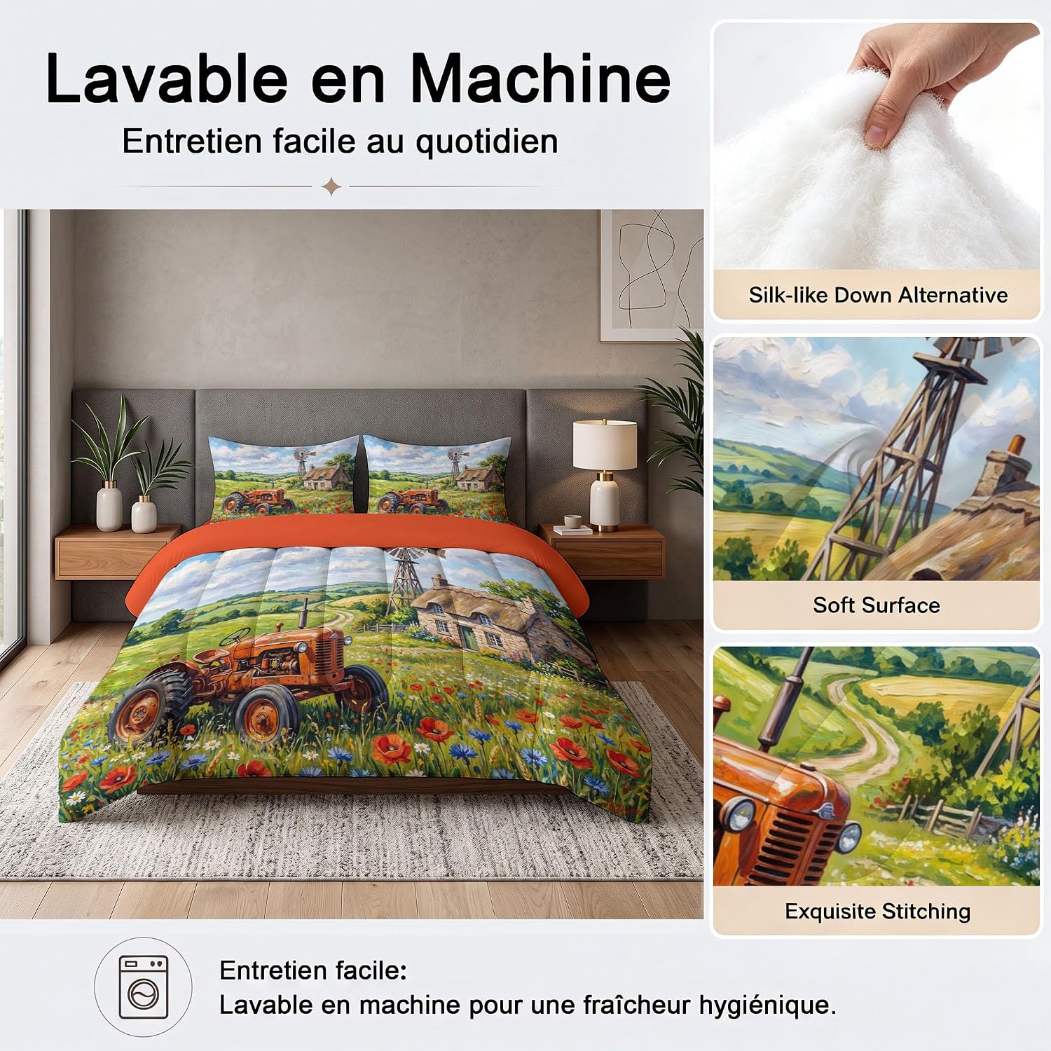 Rural Farm Comforter Set Full Size, Tractor Windmill Print Breathable Bedding Set for Girls Boys Teens, Green Quilt Duvet with 2 Pillow Cases