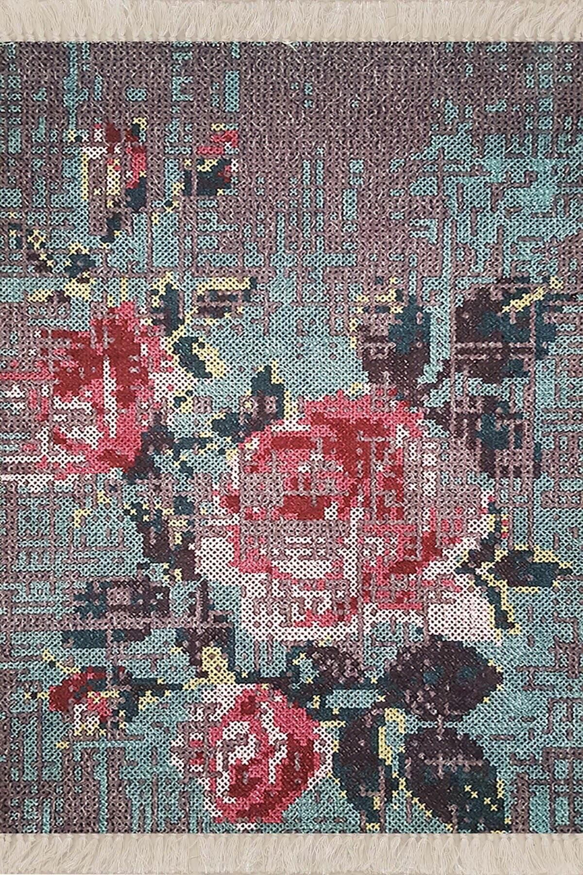 Pelangi Patchwork Gül Desenli Dijital Baskı Yıkanabilir Kaymaz Taban Modern Salon Halı 80 x 150, Gri 120 x 200