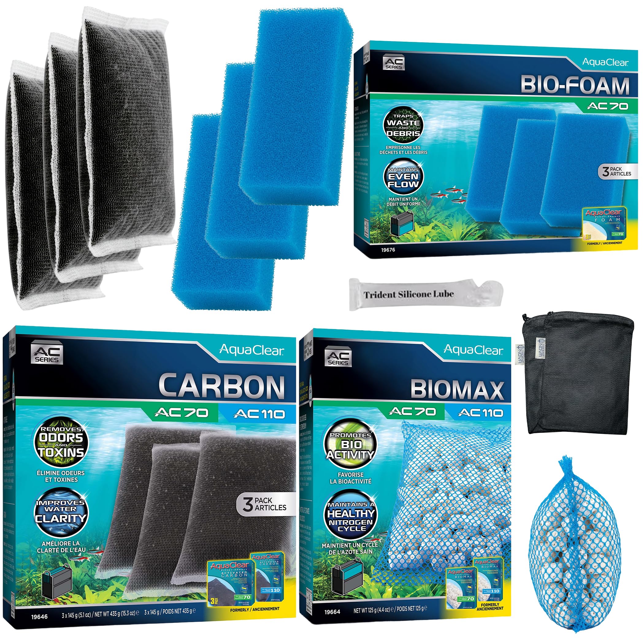 Fluval AquaClear 70 - Kit di manutenzione e sostituzione filtri filtranti, inclusi sacchetti a rete Trident Nova (carbone attivo Fluval AquaClear, BioMax Media, spugna filtrante in
