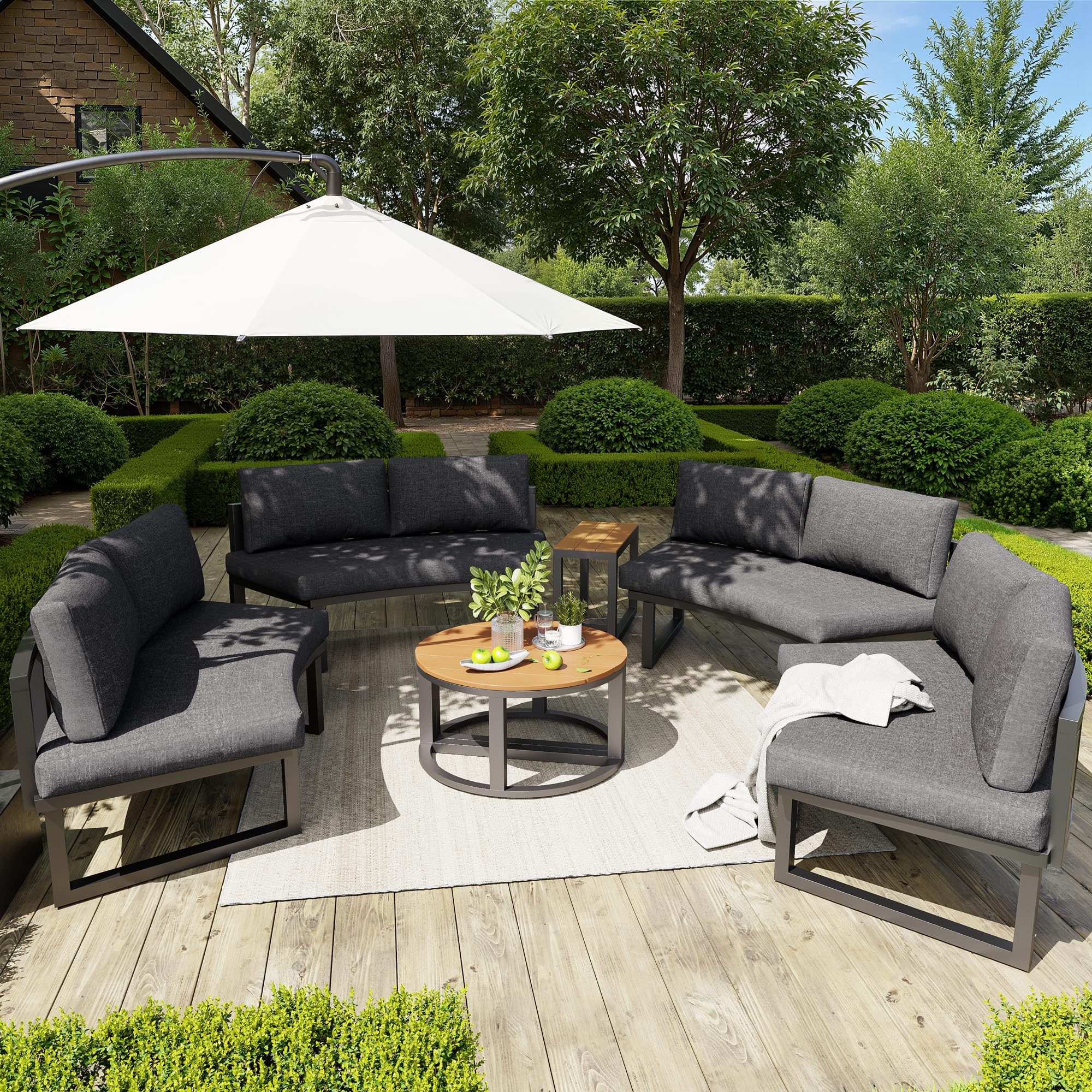Gartenmöbel-Set für 4-6 Personen, Garten Loungesessel Set, Bequeme Gartenmöbel mit grauen Sitzpolstern und Kissen, verstellbare Beine, rundes Sofa, grau (4-6 Personen)