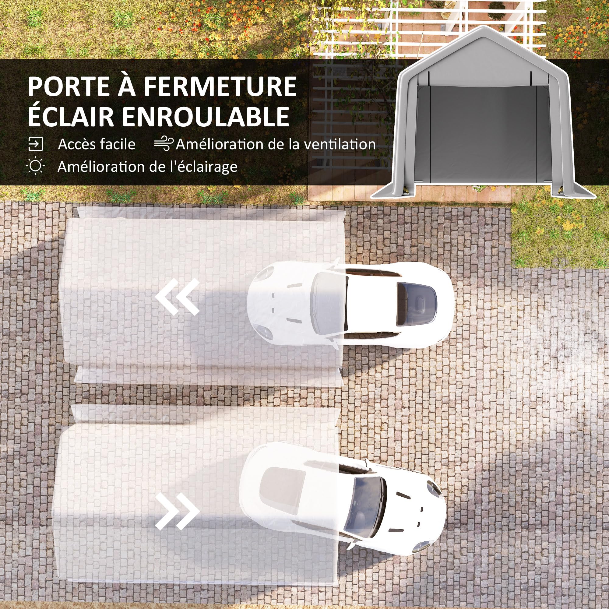 Outsunny Carport Tente de Garage 3 x 5,2 m, abri Voiture extérieur, Tente de Stockage avec Porte Enroulable Amovible, pour Camion, Bateau, Gris