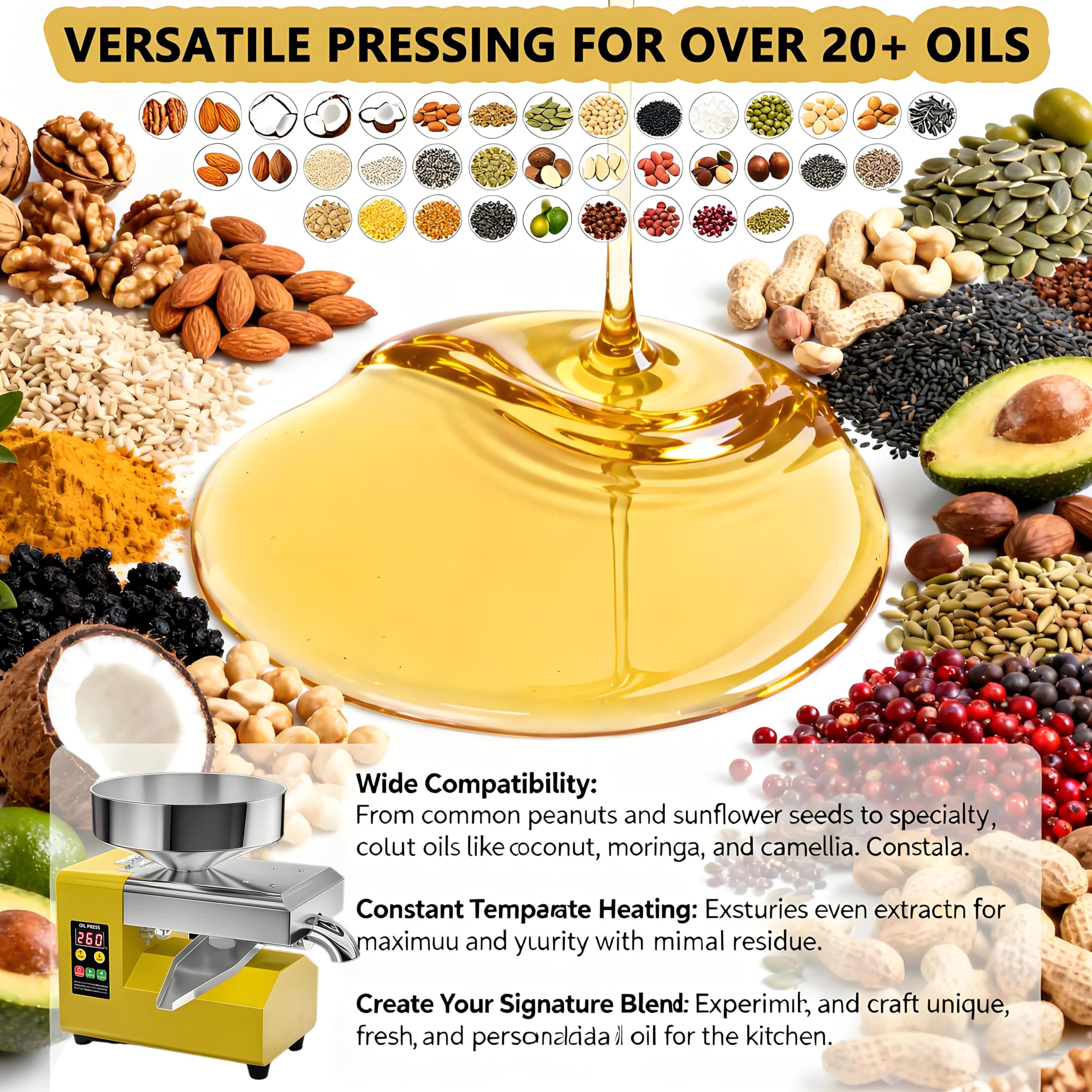 R8S Frantoio a Olio Elettrico Automatico 1500W in Acciaio Inox | Spremi Olive per Olio a Freddo e a Caldo | Macchina per Olio da Semi e Noci | Torchio per Casa e Uso Professionale