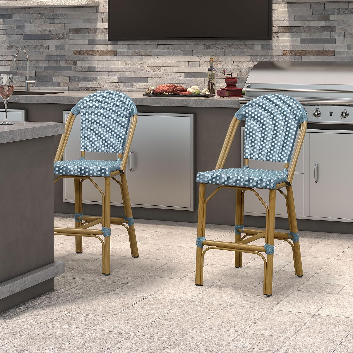 PURPLE LEAF Oversized Outdoor Counter Height Bar Stools Set of 2 26" French Bar Height Stool Bamboo Print Finish Patio Bar Stools with Back Rattan for Garden Kitchen, Light Blue