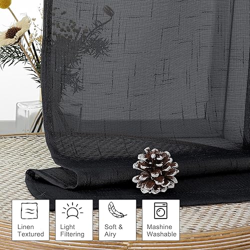 Miniatura 4 de Kirei Cortina de lino sintético negro transparente para cocina, 14 pulgadas de largo, cenefa suave y transpirable con textura para ventanas