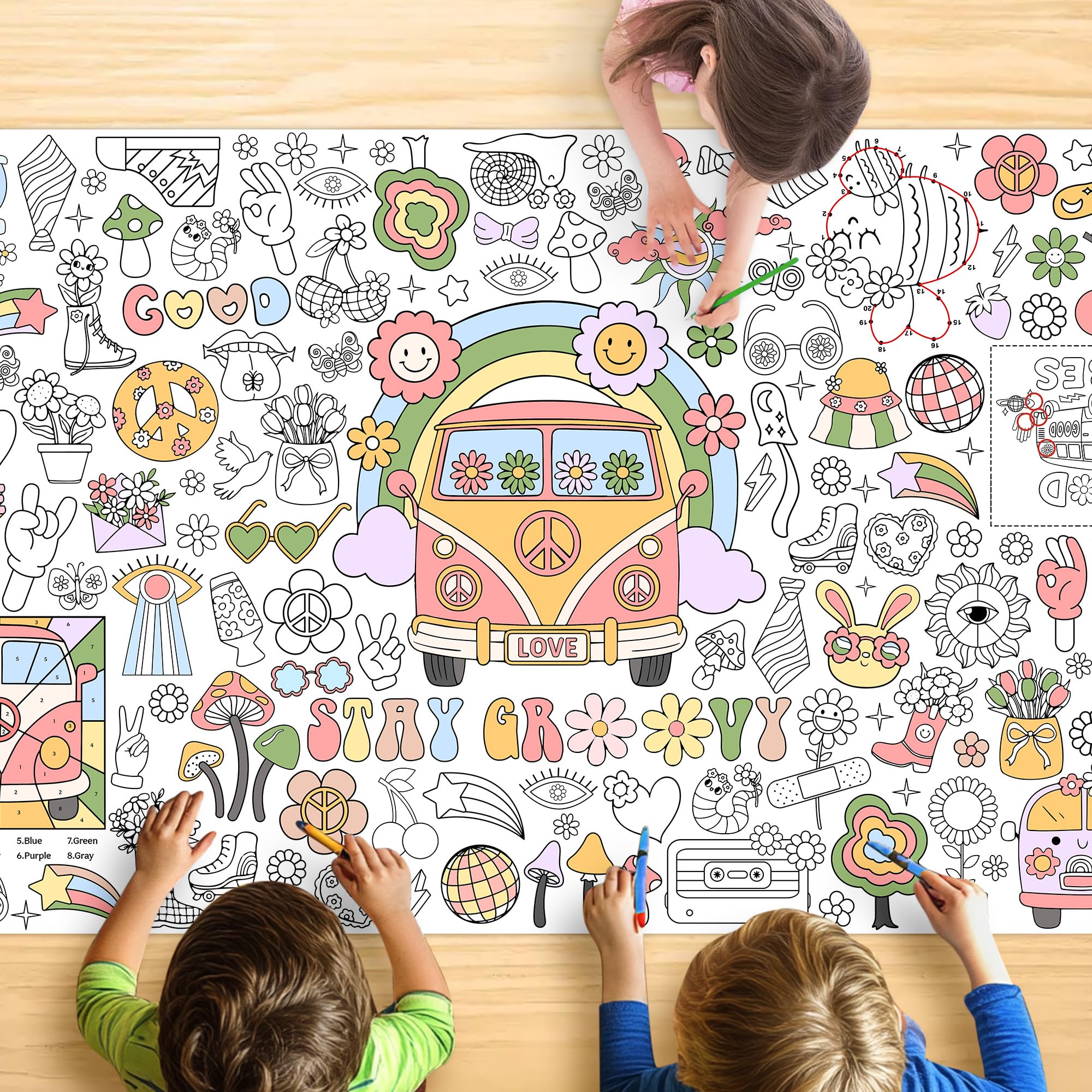 Groovy Coloring Tablecloth for Kids, Colorful 30x72 Inch Poster with Peace Signs, Daisy, Retro Designs, Perfect for Party Games for Girls, Groovy Party Decorations