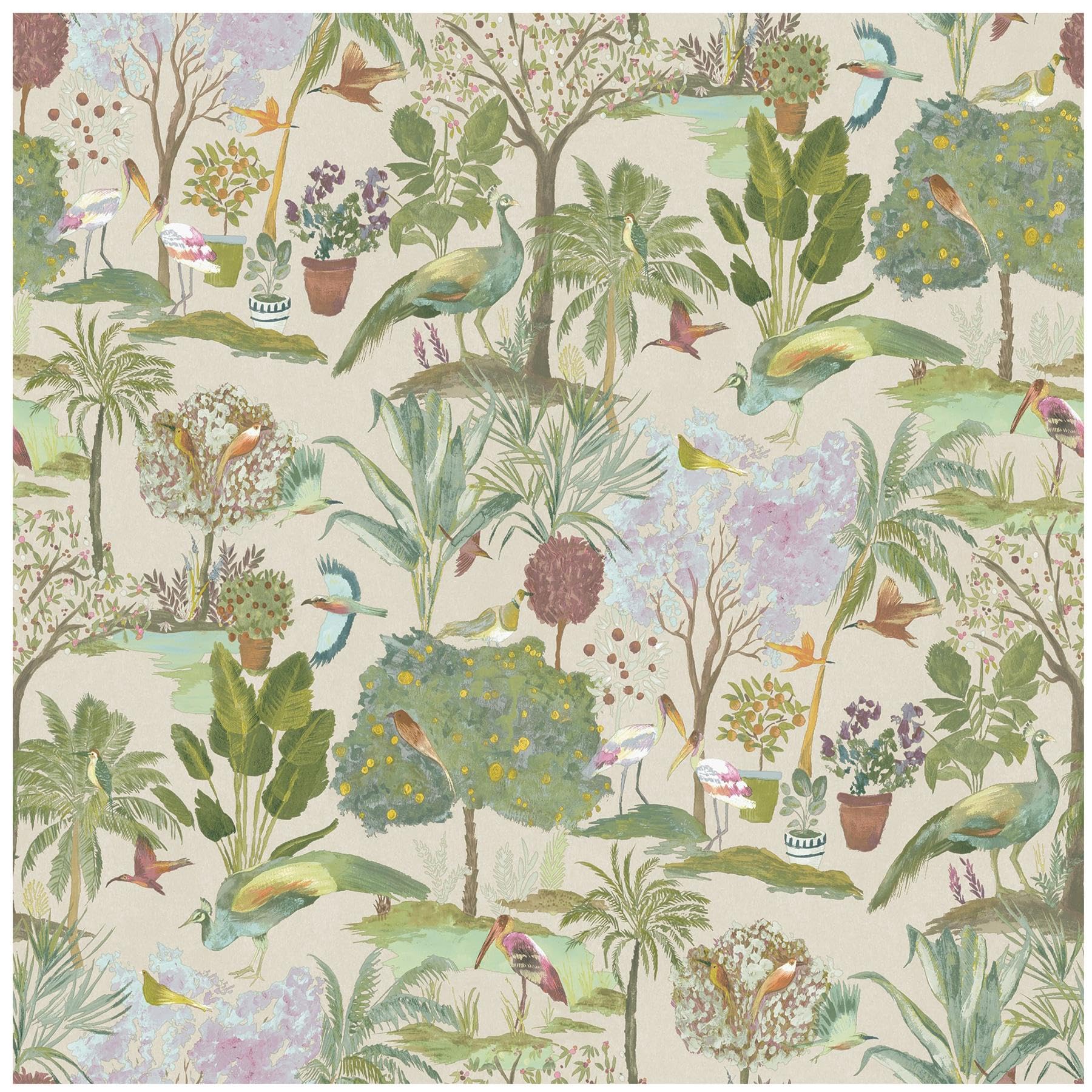 Wallpapershop Cream Tropical Botanical Bird Wallpaper – Watercolour Nature Exotic Birds, Peacocks, Palms & Lush Foliage – Artistic Feature Wall Décor For Living Rooms, Bedrooms