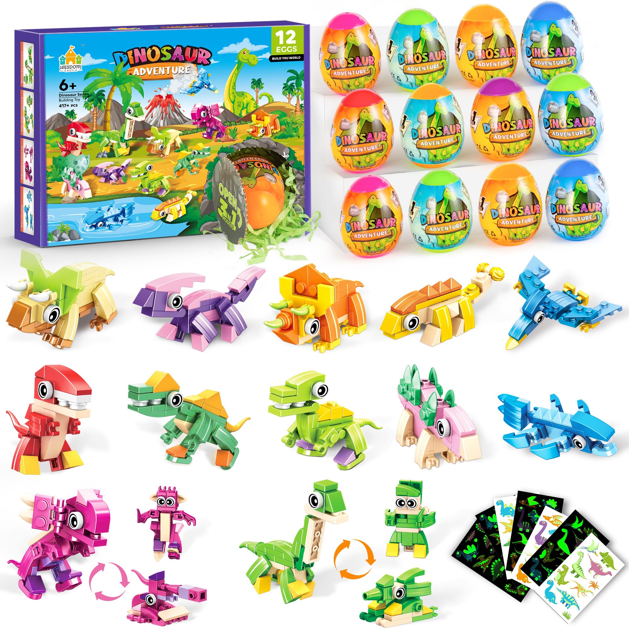 Dinosaurier-Abenteuer-Bausteine-Set, 12 Überraschungseier mit 3-in-1-Modellen, 417+ Teile, ab 6 Jahren
