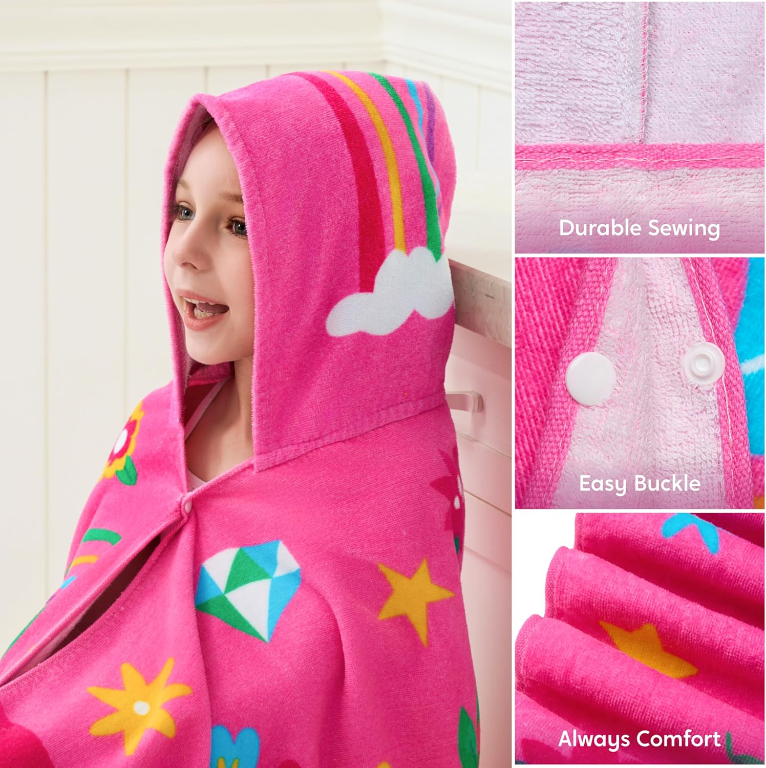 Joiedomi Hooded Towels for Kids Pink Unicorn Soft 100% Cotton Kids Beach Towel 30" x 50" for 3-10 Years Boys Girls Beach Hooded Poncho Absorbent Pool Toddler Swim Bath Wrap - Image 4