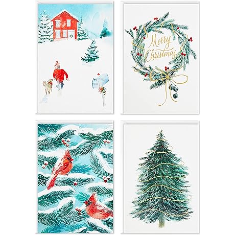 Hallmark Box of Christmas Cards with Cardinals and Snowy Barn Design