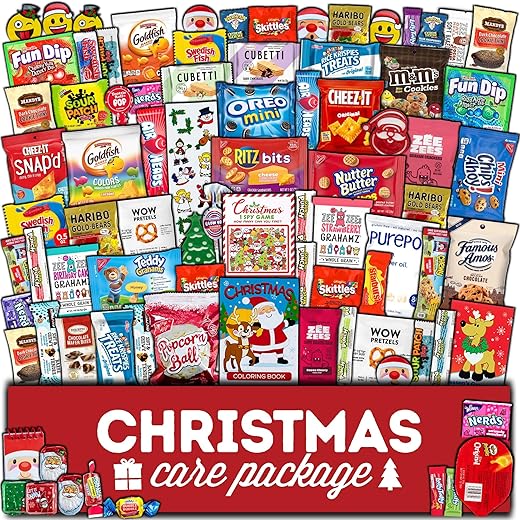 Christmas Care Package (80 Count) Candy Toys Snacks Cookies Bars Chips Holiday Stocking Stuffer Variety Gift Box Pack Assortment Basket Bundle Mix Santa Treats College Students Office Kids Boys Girls