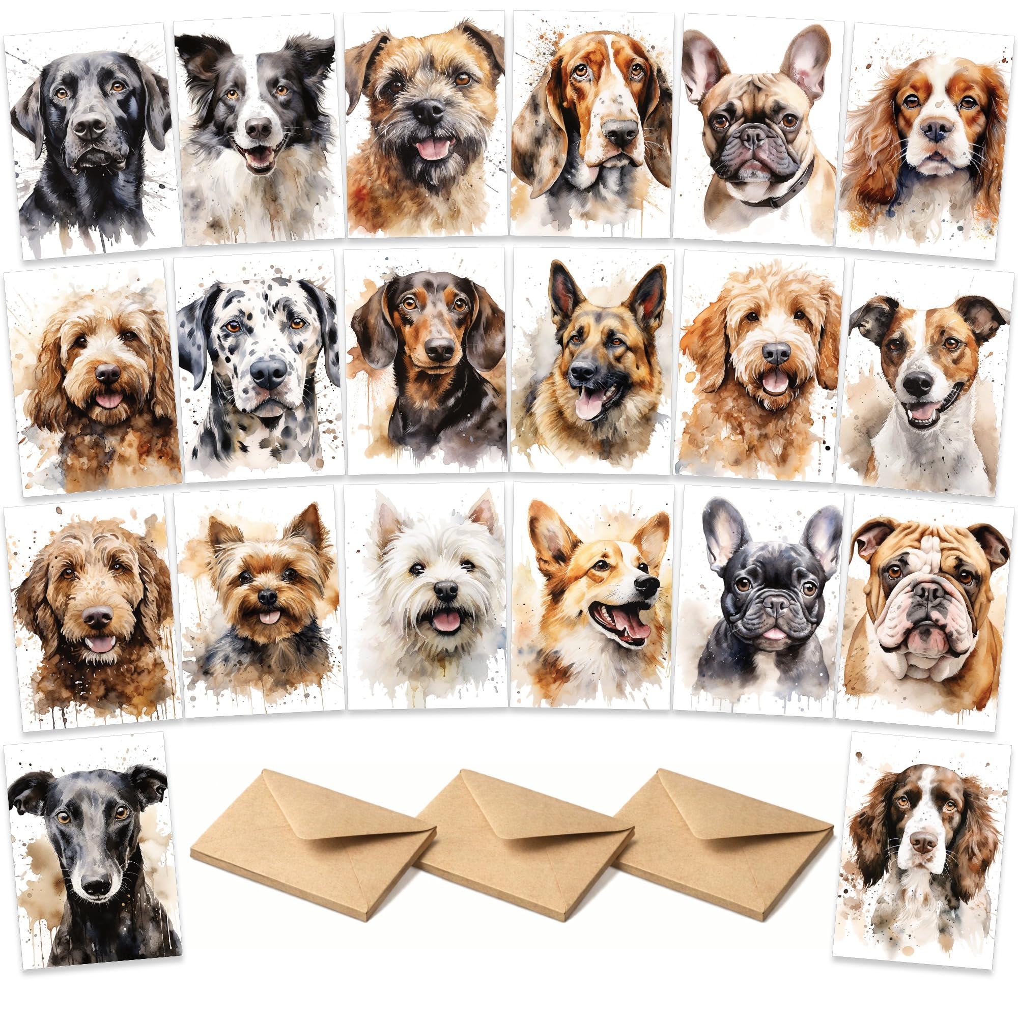 Set of 20 Watercolour Dog Cards with Envelopes - Dog Artwork Unique Thank Card Designs - Bulk Pack Set of Note You Cards for Coworkers, Employee, Teachers, Recognition & Gratitude