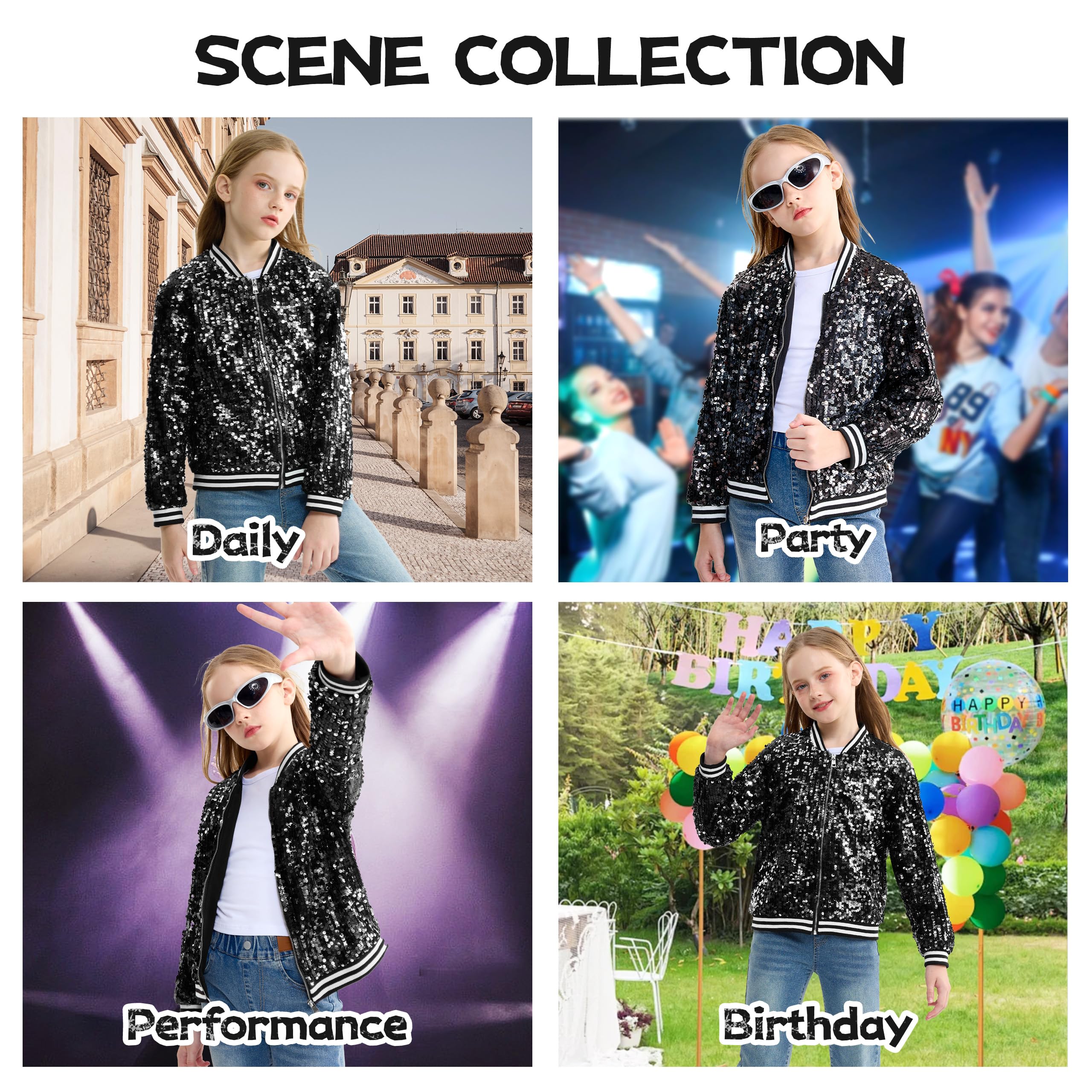 LOLANTA Blouson Bombardier à Poches Zippées à Paillettes pour Filles Veste de Baseball à Manches Longues pour Enfants