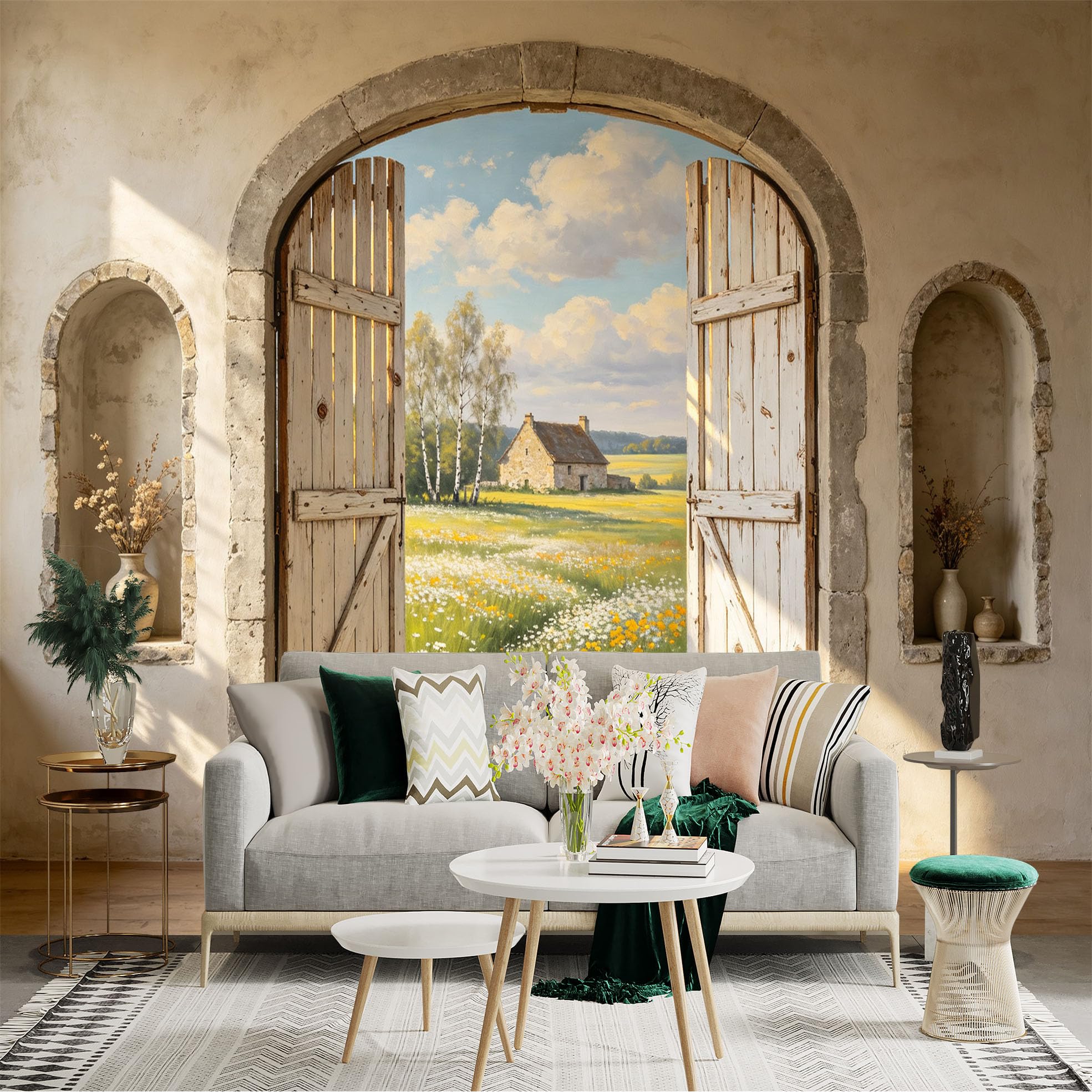 Custom Size Wall Sticker Mural， Rustic Arch Door Meadow Cottage Landscape， for wall Decoration， peelandstick wall Decals.