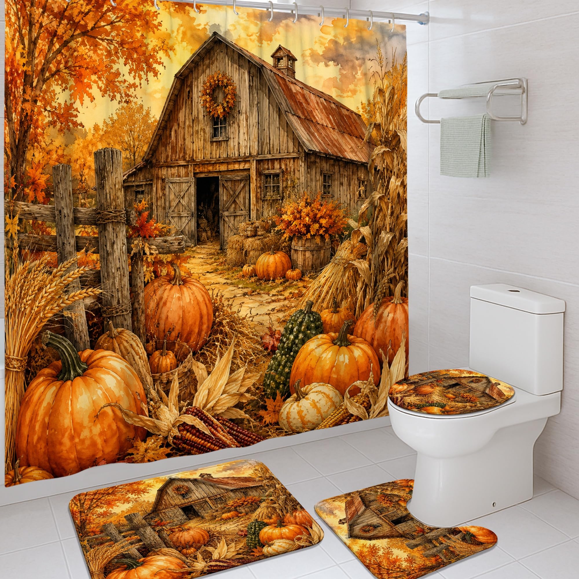 Rideau de douche imperméable orange blé anti-moisissure 183x183cm et tapis de baignoire absorbant