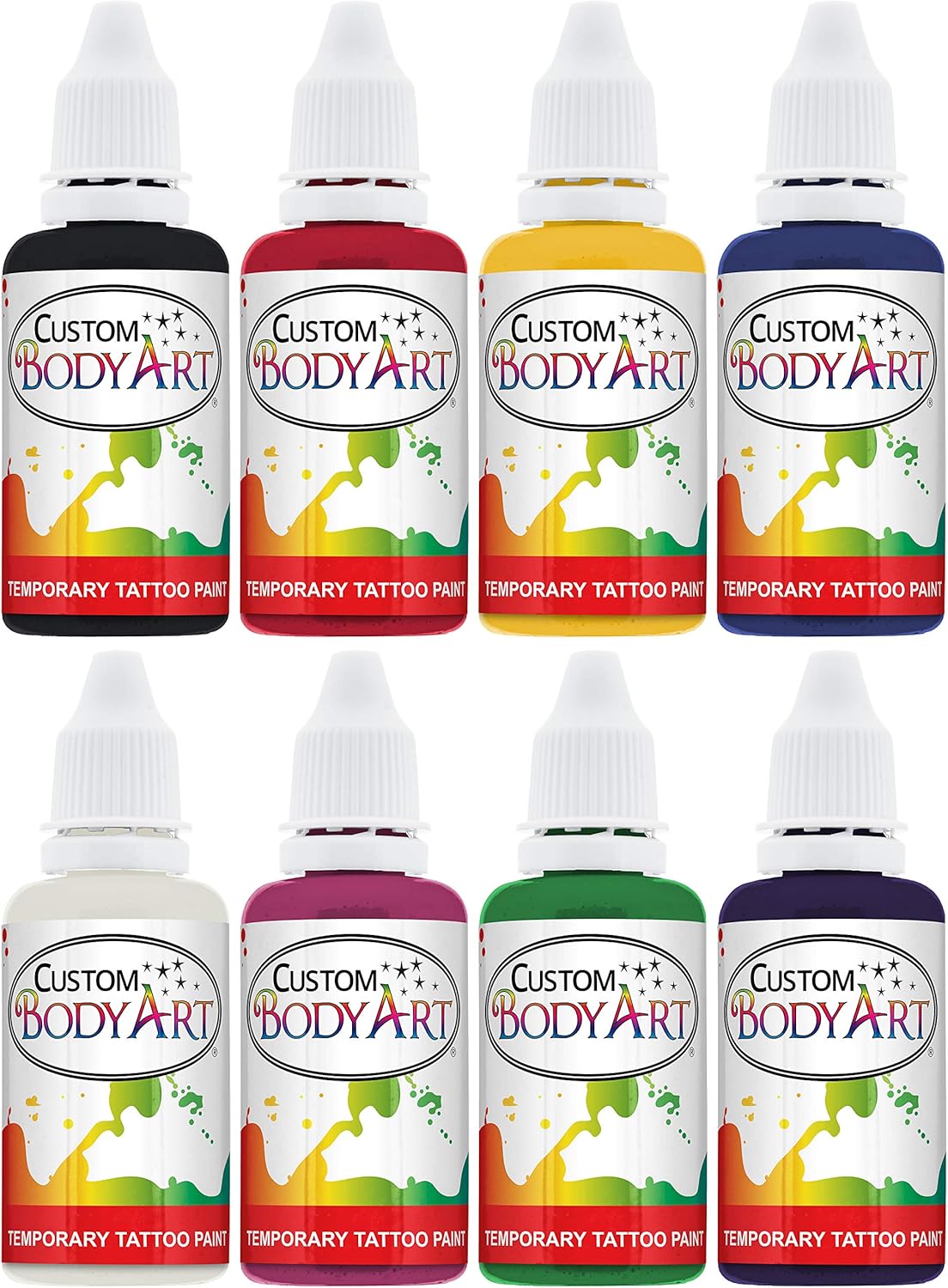 8 Color Airbrush Temporary Tattoo Ink Kit Red, Blue, Black, Pink, Green, Purple, Yellow, and White