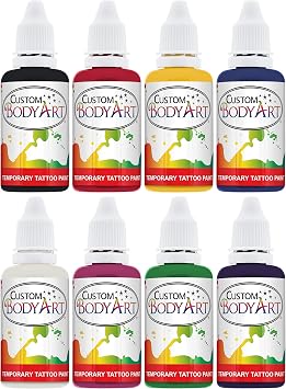 8 Color Airbrush Temporary Tattoo Ink Kit Red, Blue, Black, Pink, Green, Purple, Yellow, and White
