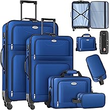 KESSER® Travel Suitcase Set of 4 Fabric Trolley Suitcase with 3 Digit TSA Lock, 360° Wheels and Telescopic Handle, Cosmetic Bag, Lightweight Suitcase and Large Briefcase for Business and Travel, blue