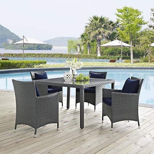 Modway EEI-2243-CHC-NAV-SET Sojourn Wicker Rattan Outdoor Patio Sunbrella Dining Chairs in Canvas Navy, Four Armchairs