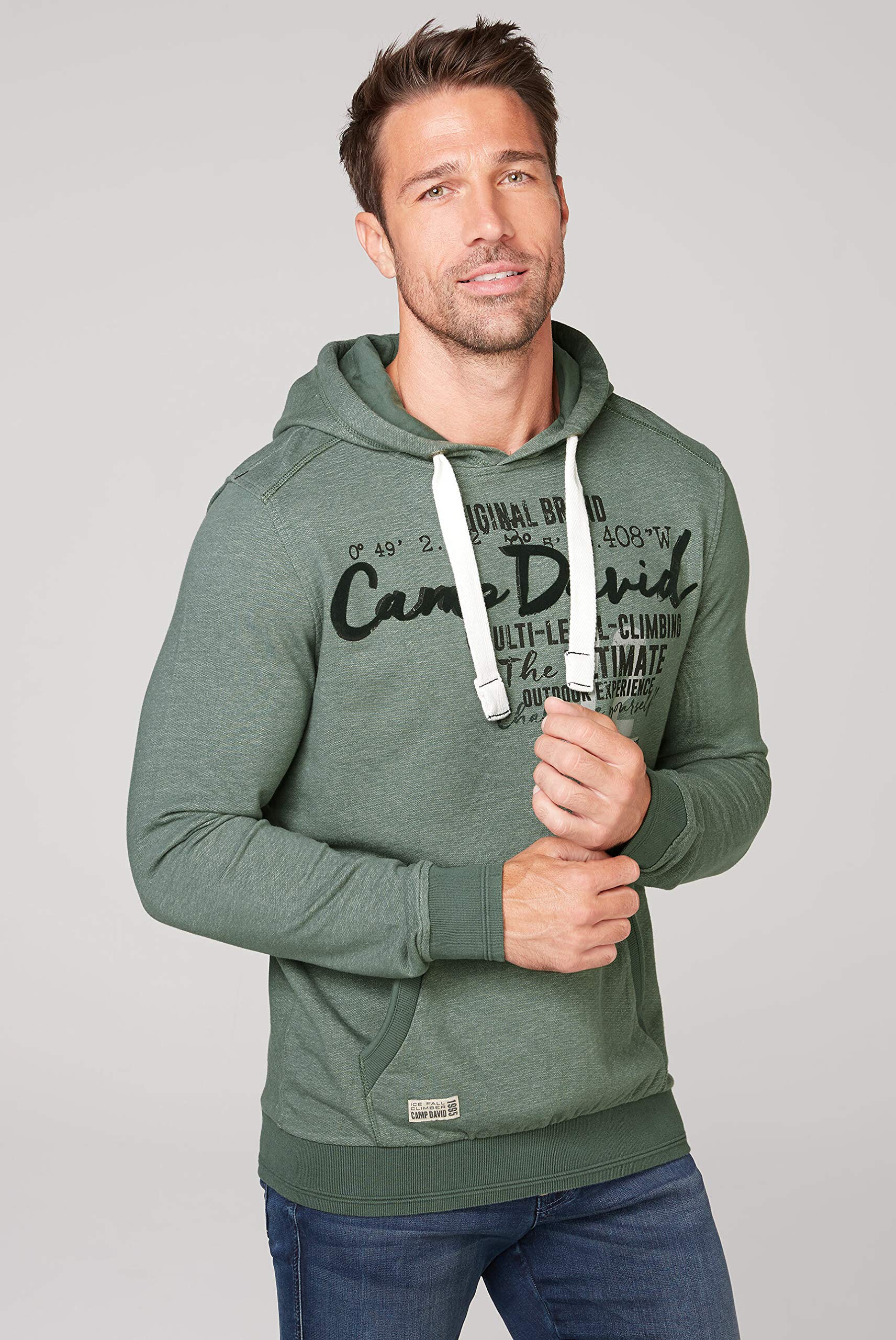 Camp David Herren Hoodie mit beidseitigen Logo-Applikationen, Grün, XXL, Langarm, Mit Kapuze, Buchstabenmuster, Herrenbekleidung, Männer, Erwachsene Männer, Freizeit, Sport