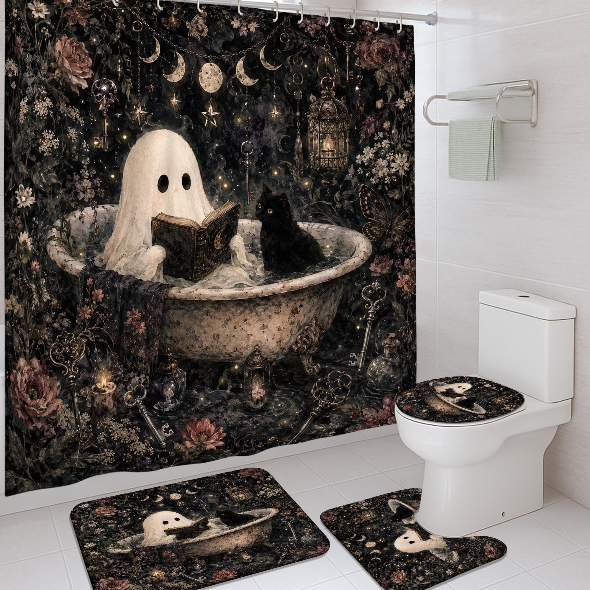 Rideau de douche fantômes et tapis de bain assorti motif chat gothique Halloween en tissu imperméable