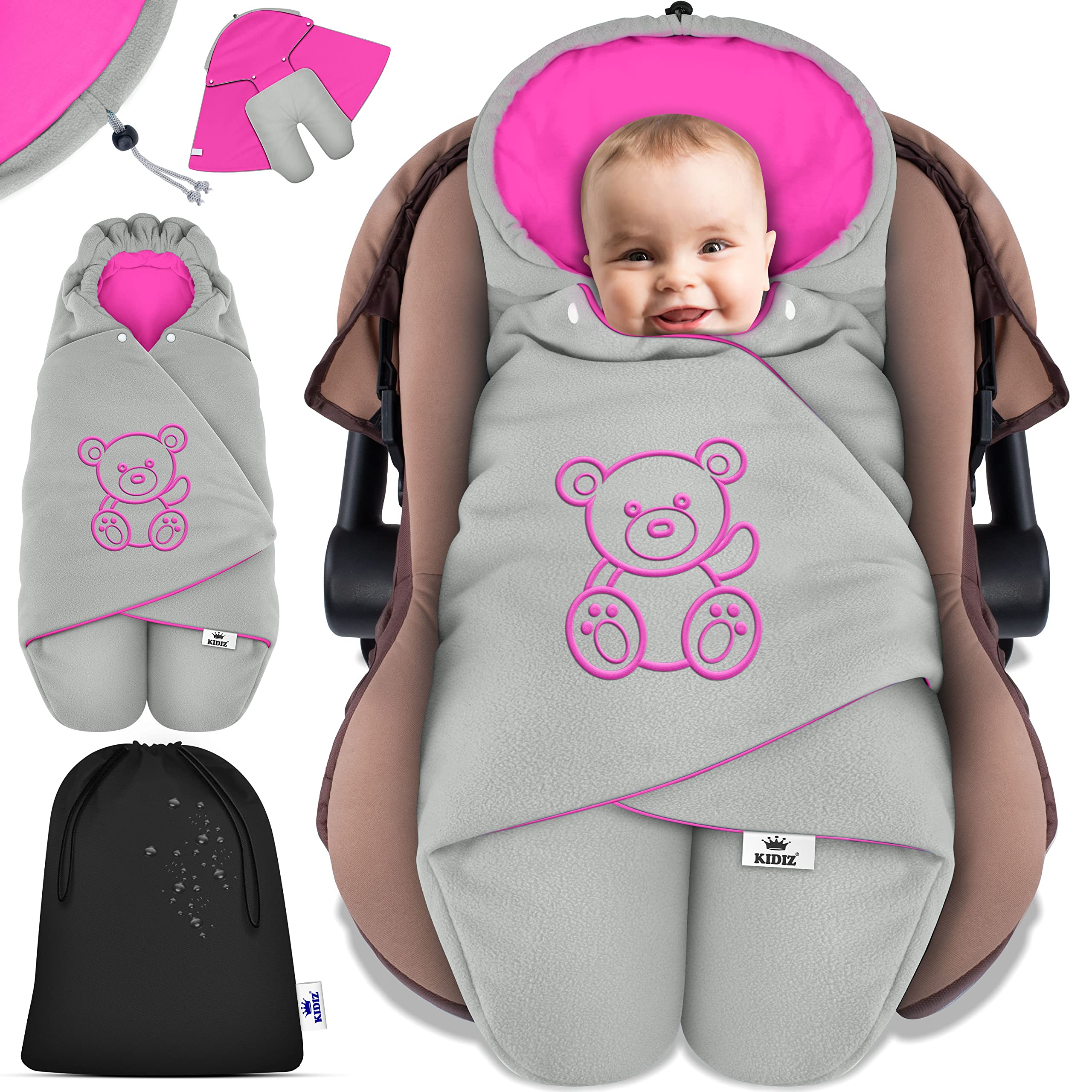 KIDIZ® Baby Einschlagdecke Babyschale Winter Herbst Babydecke mit Tasche Universal Fußsack kompatibel mit Maxi-Cosi, Römer, Buggy, Kinderwagen & Autositz isolierend gegen Wind, Nässe & Kälte