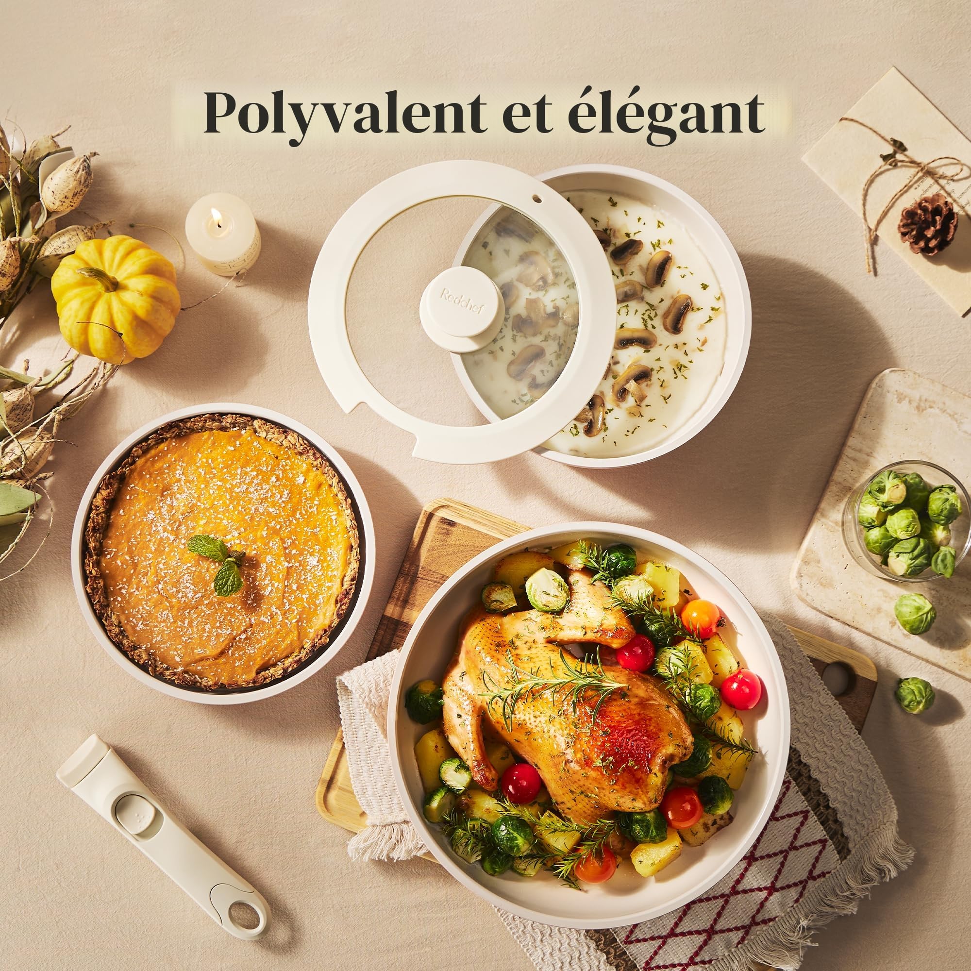 Redchef batterie de cuisine céramique 16 pièces, poêle et casserole antiadhésives, poignée amovible, induction, sans PFAS, lave-vaisselle (Beige)