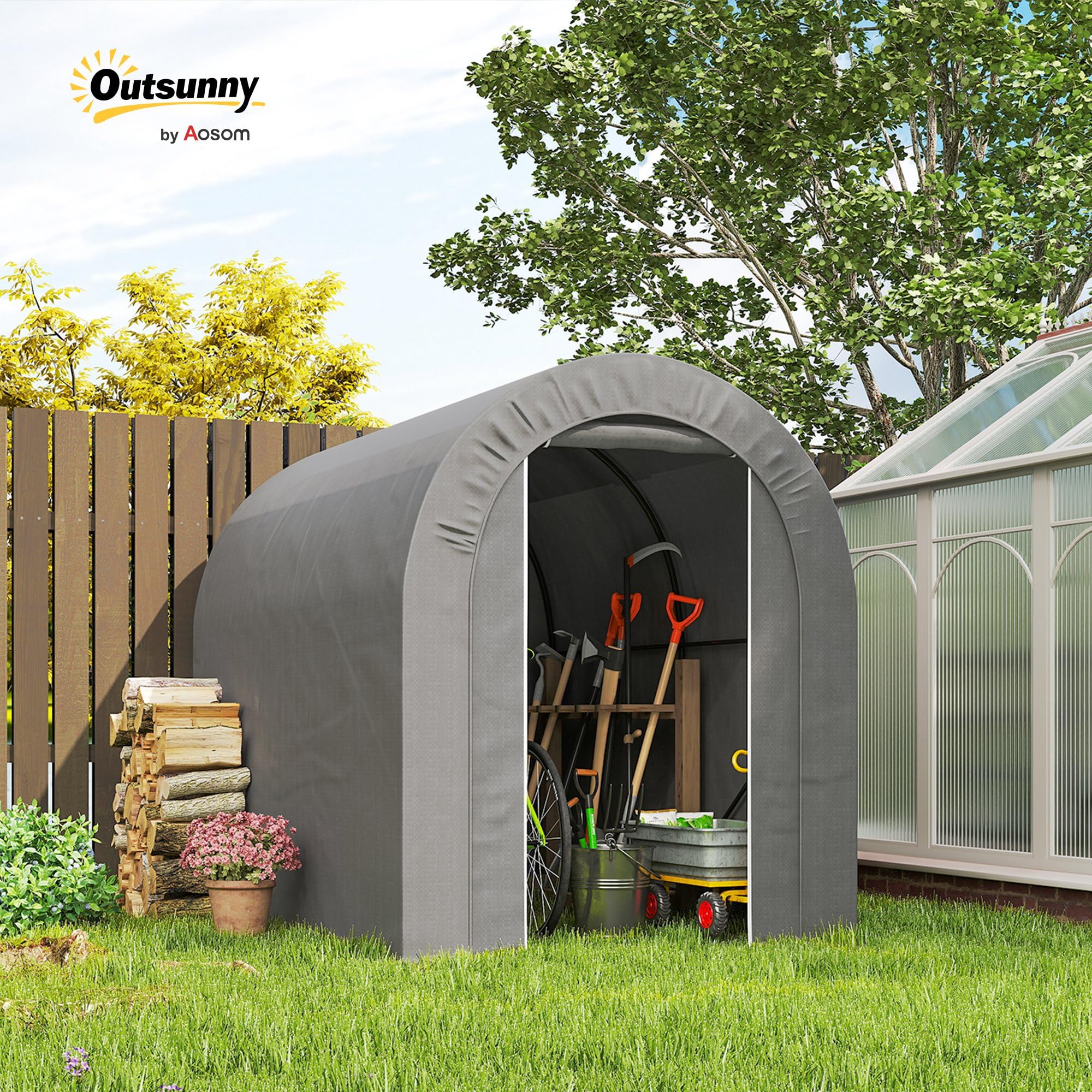 Outsunny Carpa de Jardín Exterior Impermeable 2,4x1,6x1,9 m Gris Claro | Para Herramientas y Bicicletas, Cobertizo Moto, Marco de Acero, Garaje Portátil, Puerta Enrollable con Cremallera