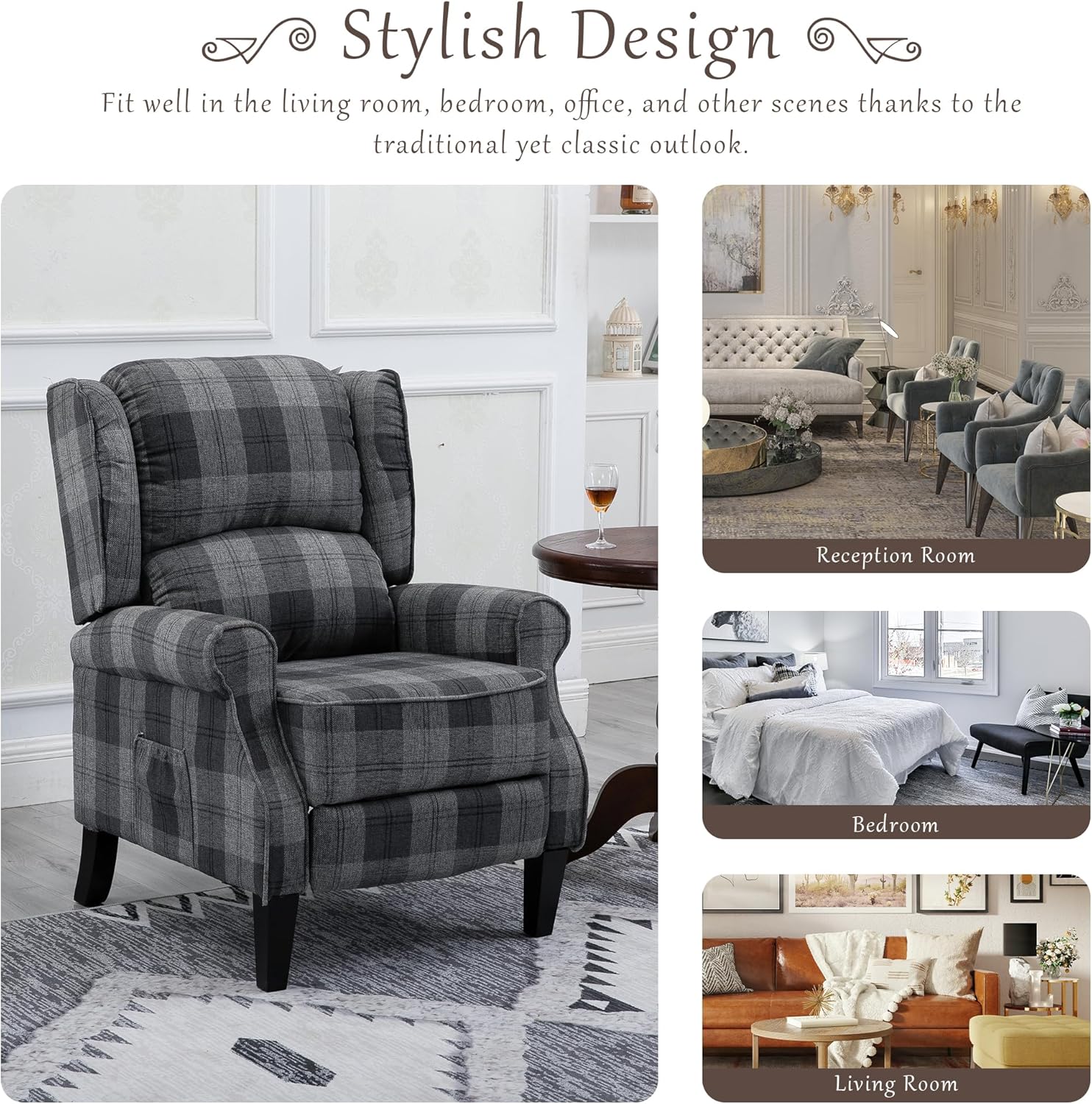 Wingback Recliner Chair,Comfy Wingback Recliner Chair with Adjustable Backrest,Modern Fabric Single Sofa Armchair for Living Room Office Home Theater (Grey)