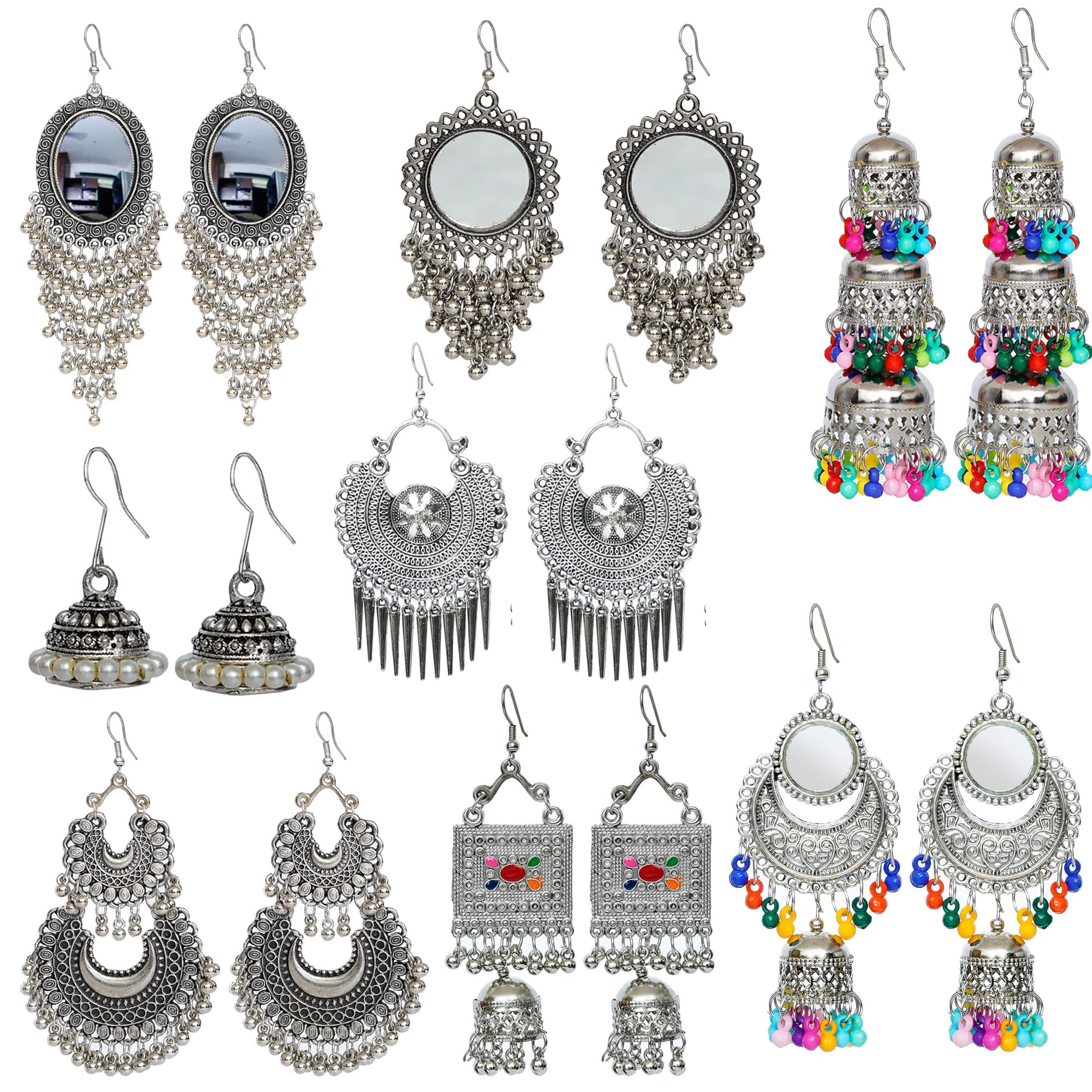 See full amazon price history chart for Yotog Designer 8 Pair Silver Oxidised Earrings Combo Of Mirror Chandbali and Afghani Double Chandbali Brass Earrings With 7 Layer beads, 3 Layer Jhumka For Girl And Woman Yotog Designer 8 Pair Silver Oxidised Earrings Combo Of Mirror Chandbali and Afghani Double Chandbali Brass Earrings With 7 Layer beads, 3 Layer Jhumka For Girl And Woman (B09KNNT6NY) Amazon Price History, Amazon Price Tracker