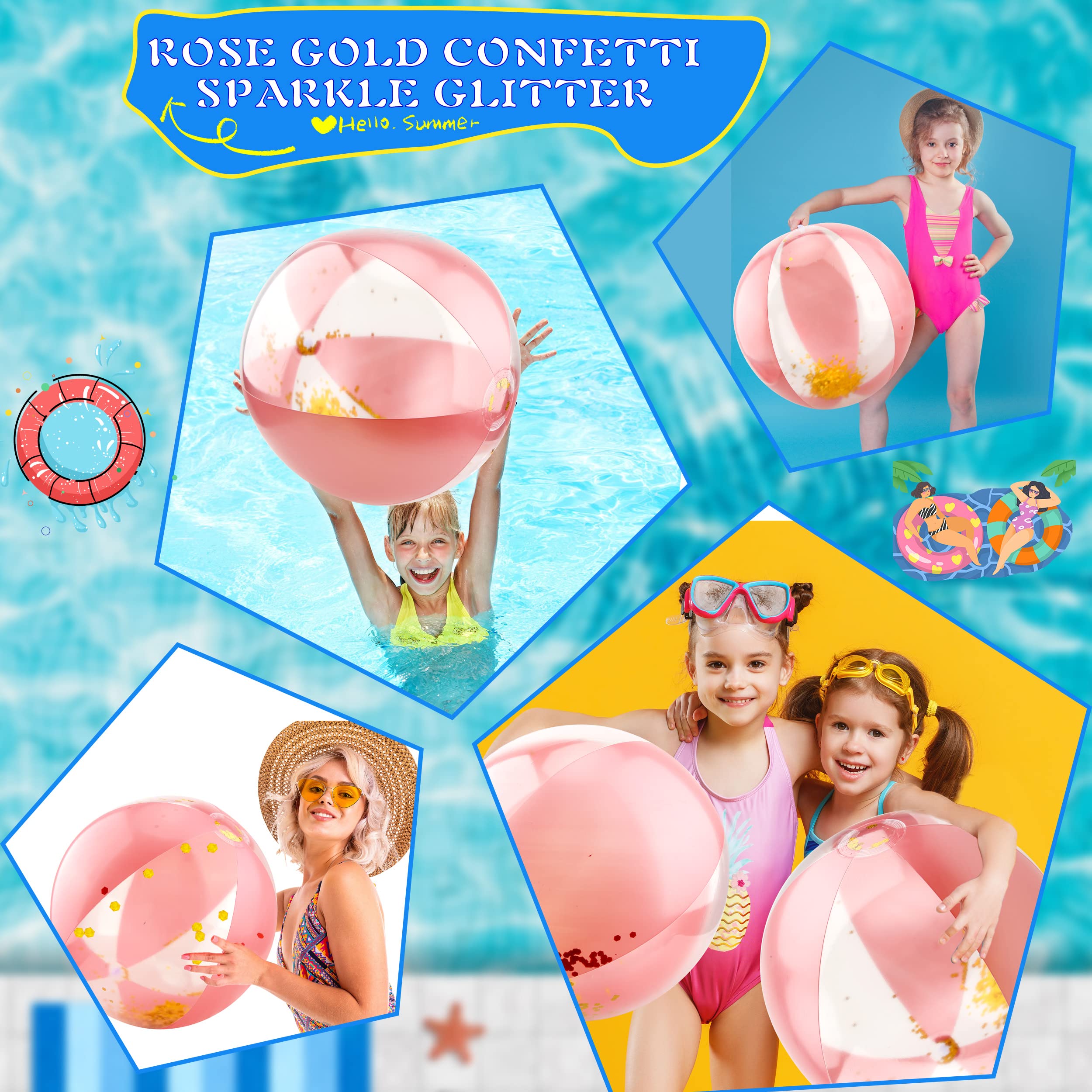 Paquete de 12 bolas inflables de playa con purpurina de 16 pulgadas, confeti, pelota de playa a granel para verano, playa, piscina, juguetes de fiesta acuática (oro rosa) 6