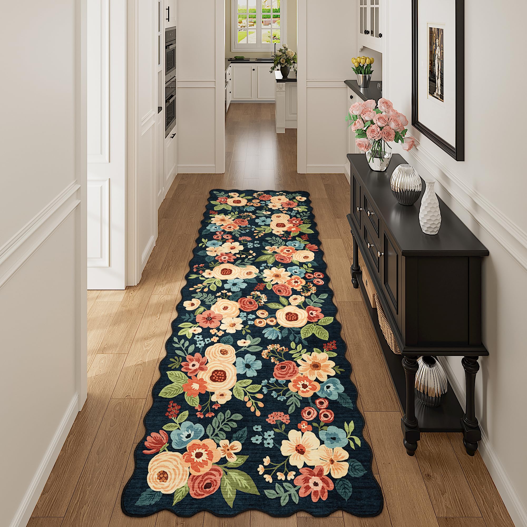 DUKINO 2x10 Runner Rug for Hallway, Washable Kitchen Rug with Non Slip Backing & Non-Shediing, Soft Low Pile Floral Design Runner for Bedroom, Kithchen, Living Room, Laundry, Bathroom, Navy Blue
