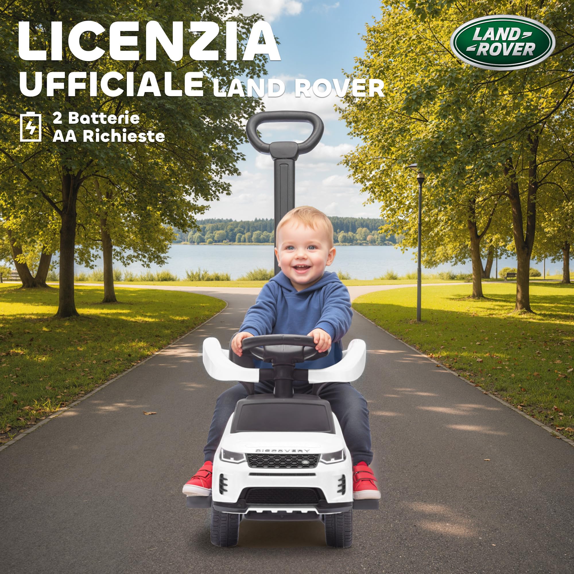 AIYAPLAY Macchina Primi Passi Cavalcabile per Bambini 1-3 Anni Licenza Land Rover Discovery con Maniglione e Barriera a 360°, Passeggino per Bambini in PP e Acciaio, 84x40x94.5 cm, Bianco