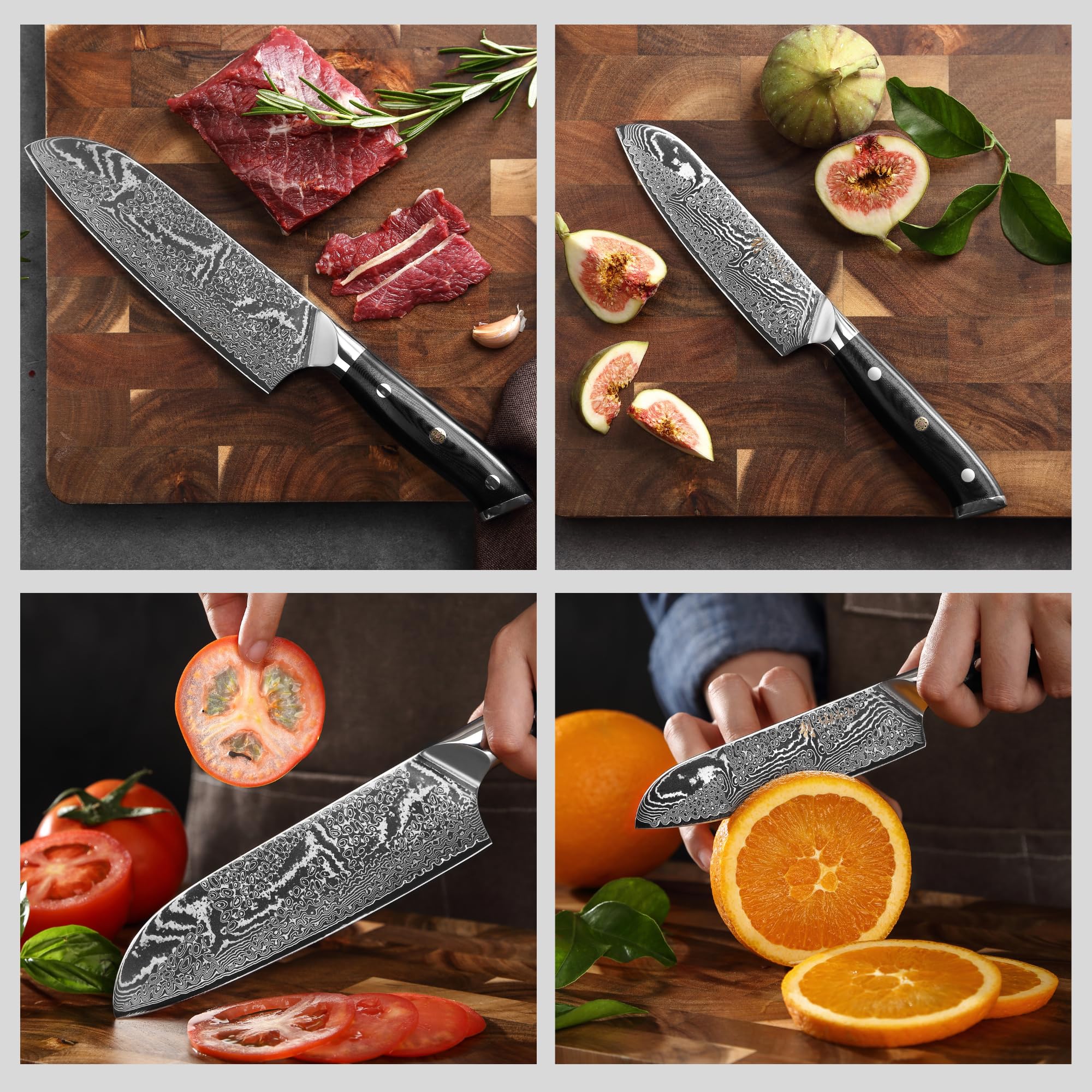 WAKOLI Nitoko Set de 2 Couteaux Santoku de Cuisine Professionnels en Damas | lames de 18 et 12,5 cm, noyau VG10 à 67 couches, manches en G10, lame intégrale, avec protège-doigts, élégant coffret en bois