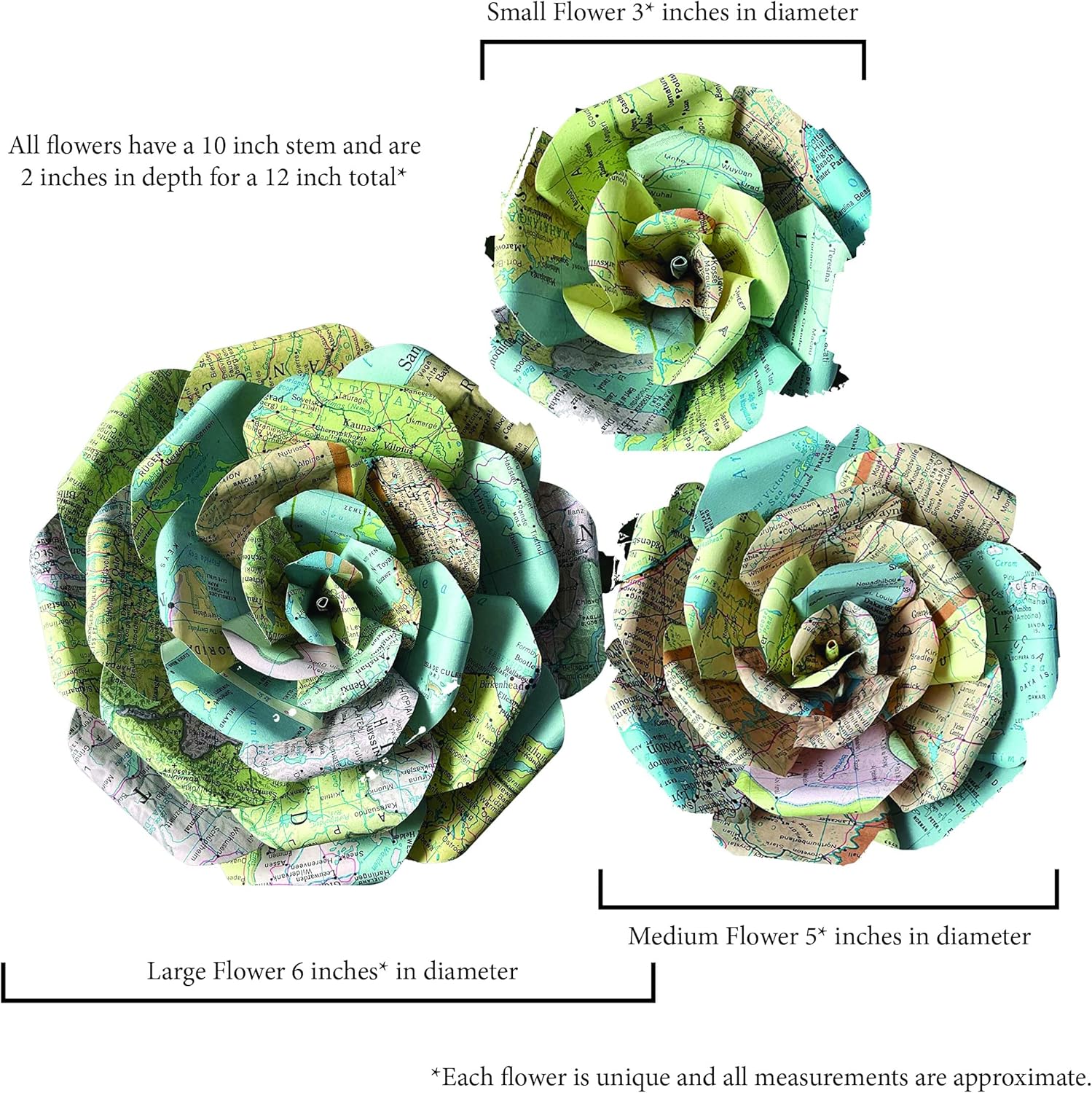 Handmade Map Paper Flower Bouquet, Paper Roses Made from Upcycled World Atlas Pages, Travel Lovers Gifts for Anniversaries, Birthdays, Graduations, Weddings- Three Roses