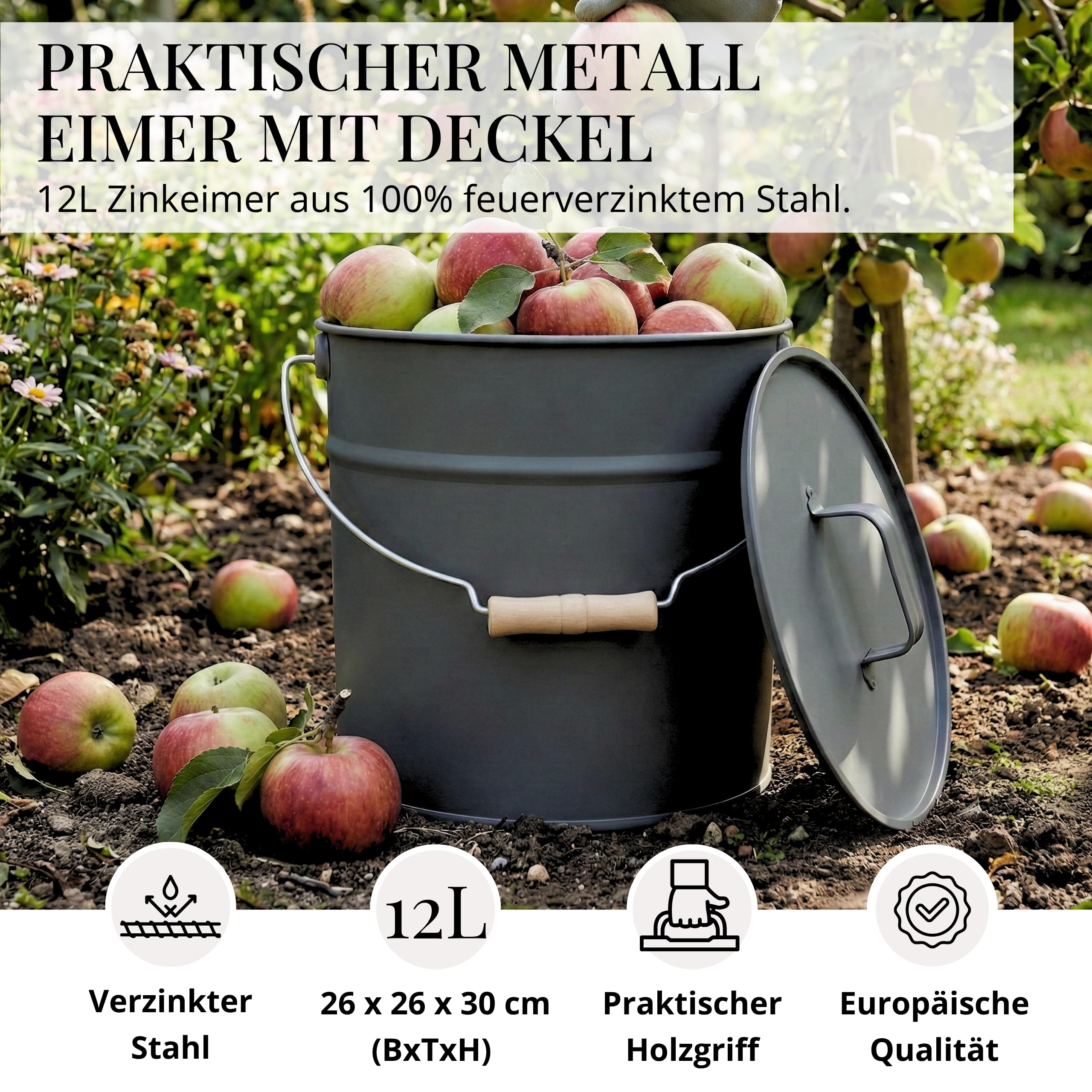 Livlig53 LIVLIG Metalleimer mit Deckel, Verzinkter Garteneimer & Ascheeimer aus robustem Metall, stilvoller Eimer mit Deckel und Holzgriff, Premium Qualität aus Europa, Zinkeimer Anthrazit