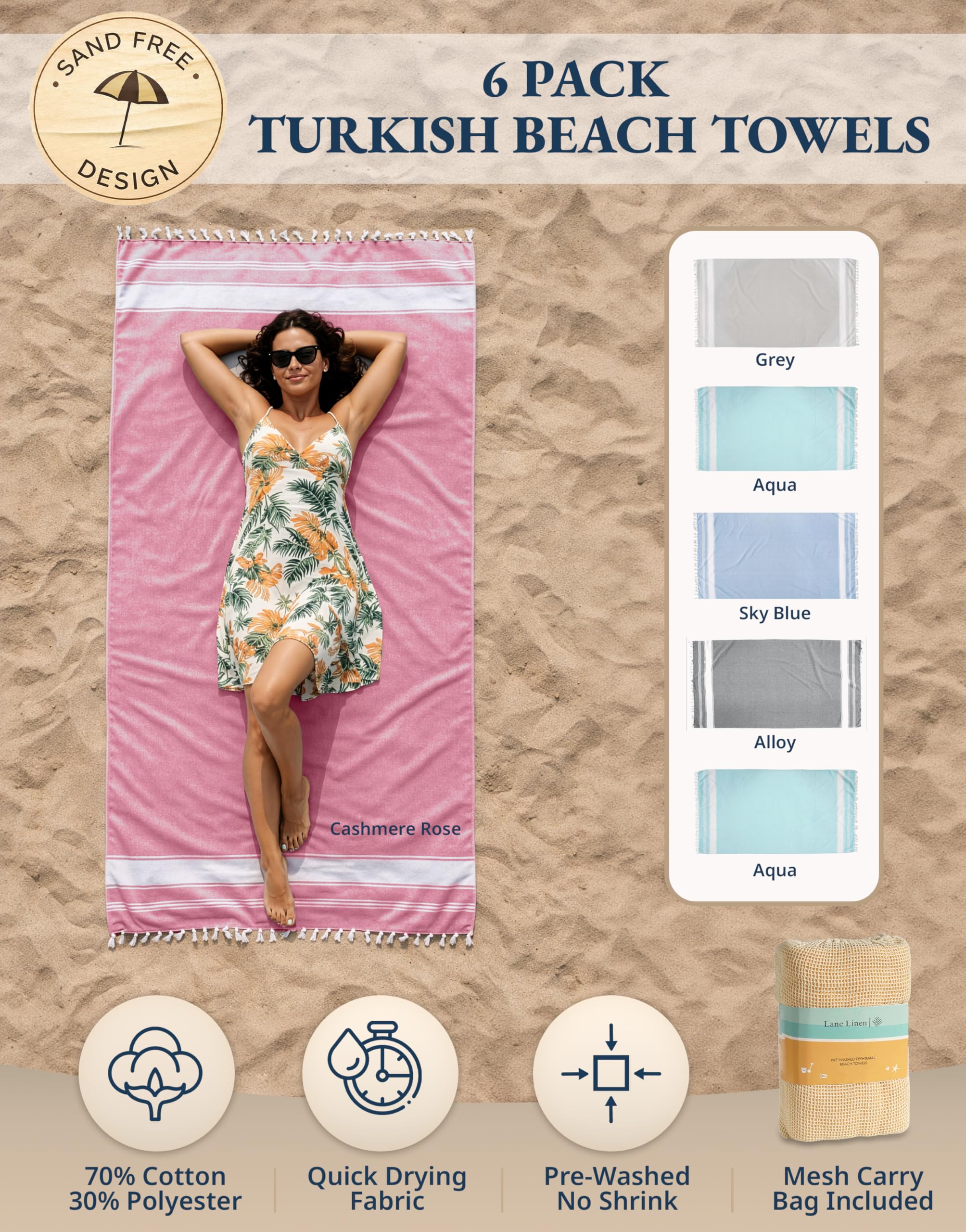 LANE LINEN Toalla de playa 100% algodón, 6 toallas de playa de gran tamaño, 39 x 71 pulgadas, toalla de piscina, toalla de playa de gran tamaño, toalla de playa absorbente extragrande, toalla de arena