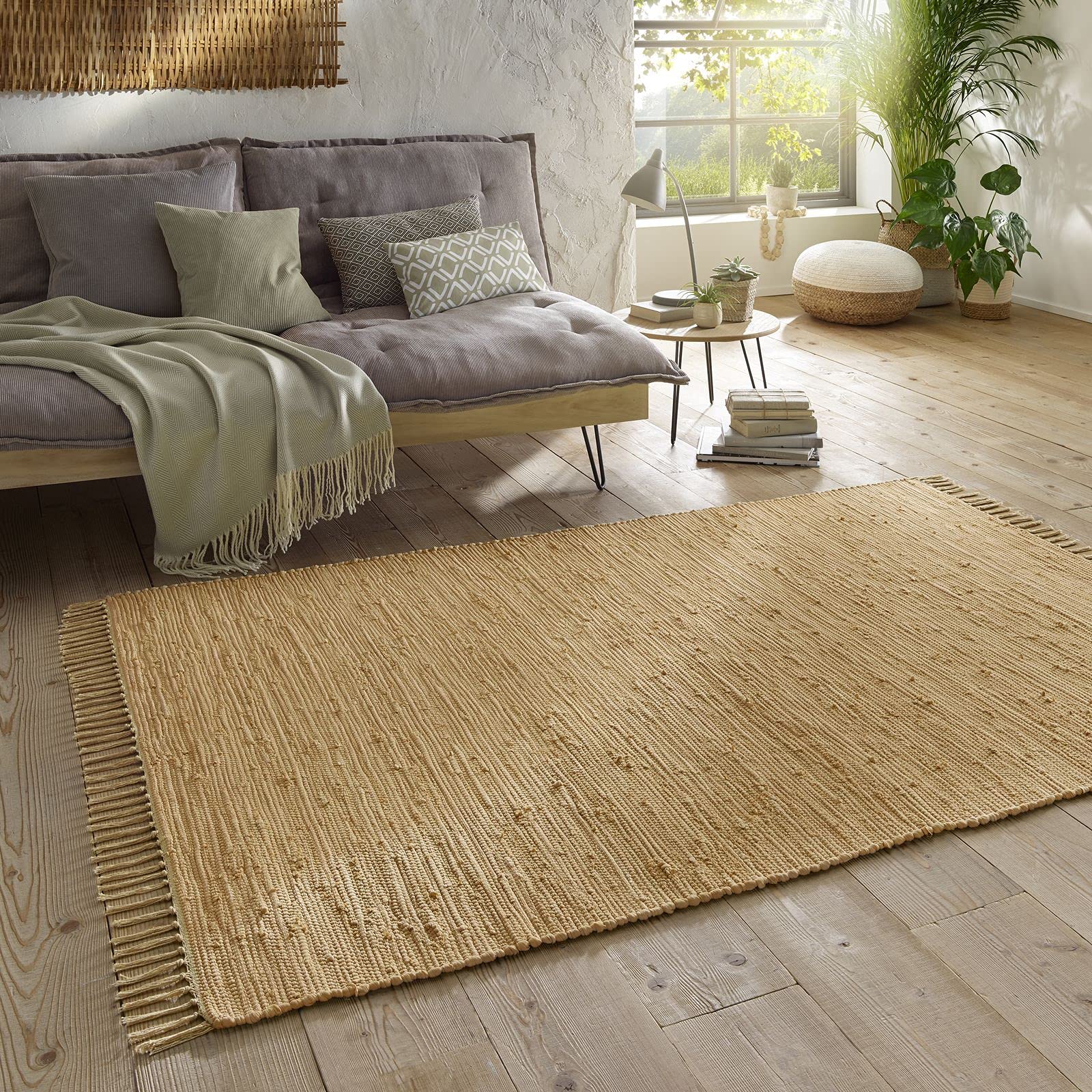 Taracarpet Handwebteppich Läufer Fleckerl Teppich für Wohnzimmer und Küche waschbare Baumwoll-Version 160x230 cm beige