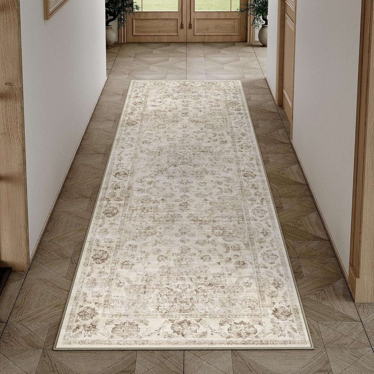 2x6 Washable Neutral Runner Rug Beige Hallway Kitchen Non-Slip Low Pile Floral Carpet Vintage Soft Thin Throw Rug for Bathroom Bedroom Entryway Laundry Dining Room 2' x 6' (Runner) Beige